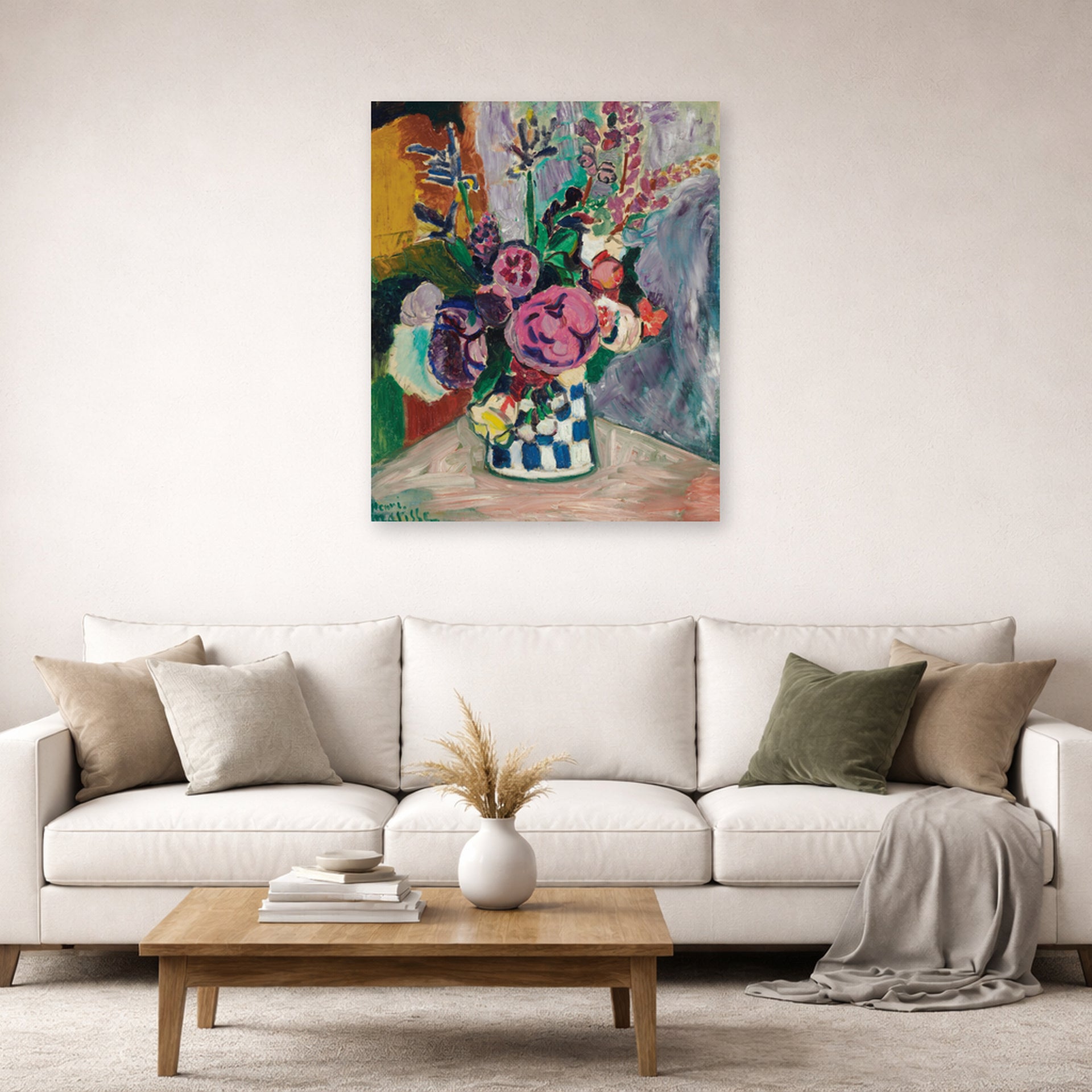 Unframed poster print of Henri Matisse's Les Pivoines displayed in a living room, view 2