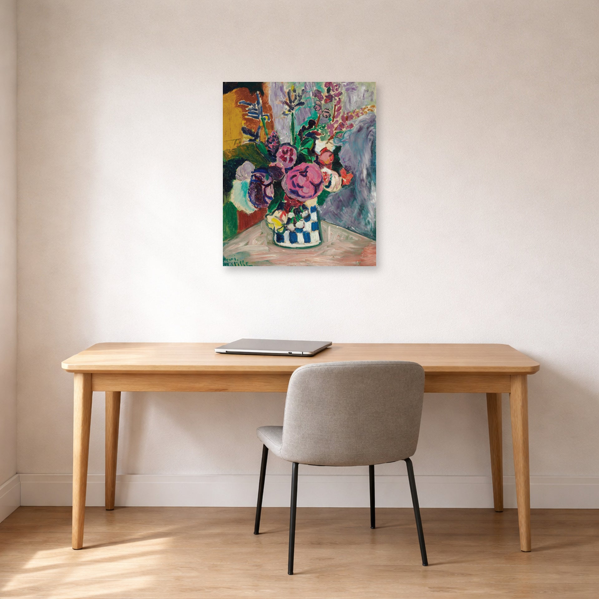 Unframed poster print of Henri Matisse's Les Pivoines displayed in a home office