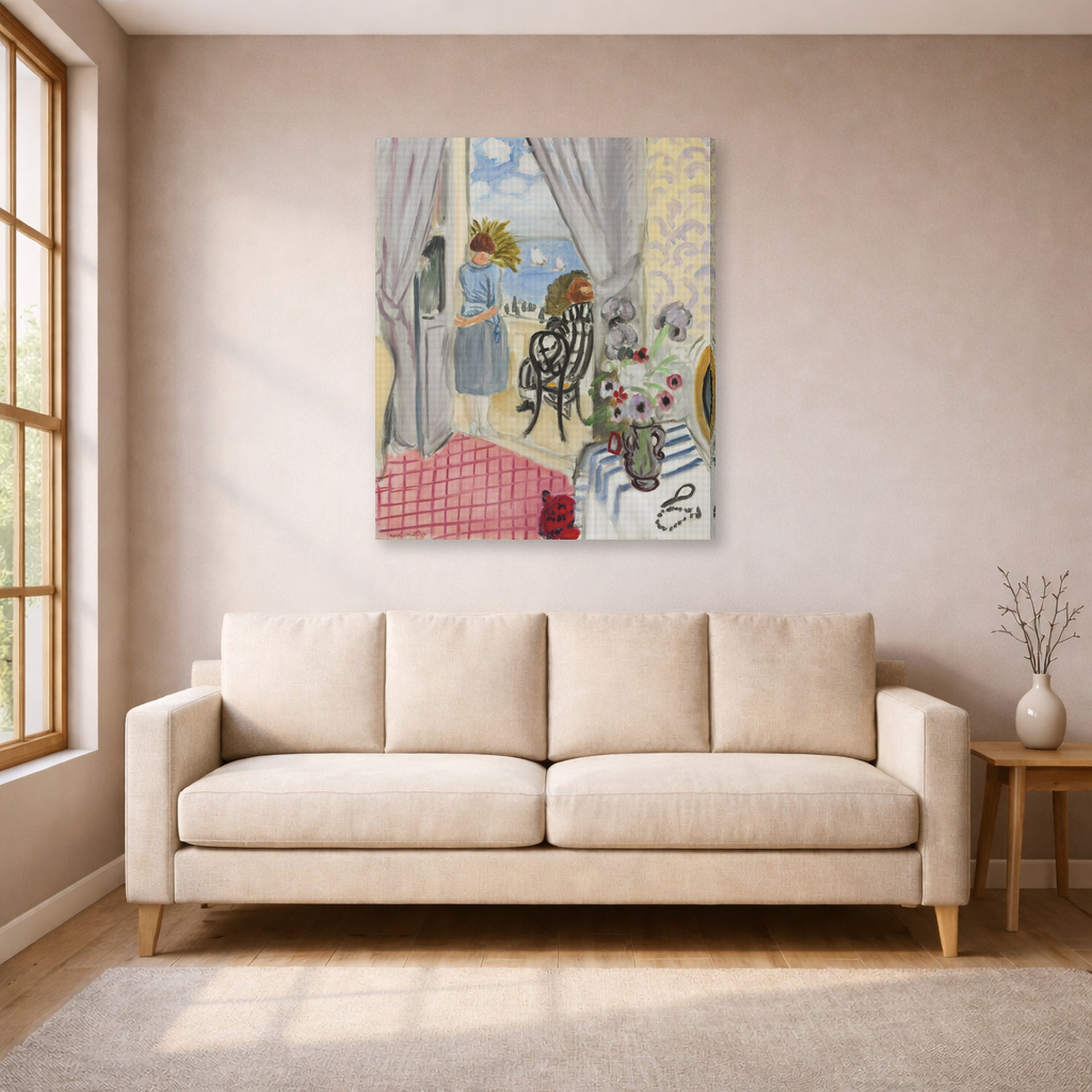 Gallery-wrapped canvas print of Henri Matisse's Les Regates De Nice hanging in a living room, view 1