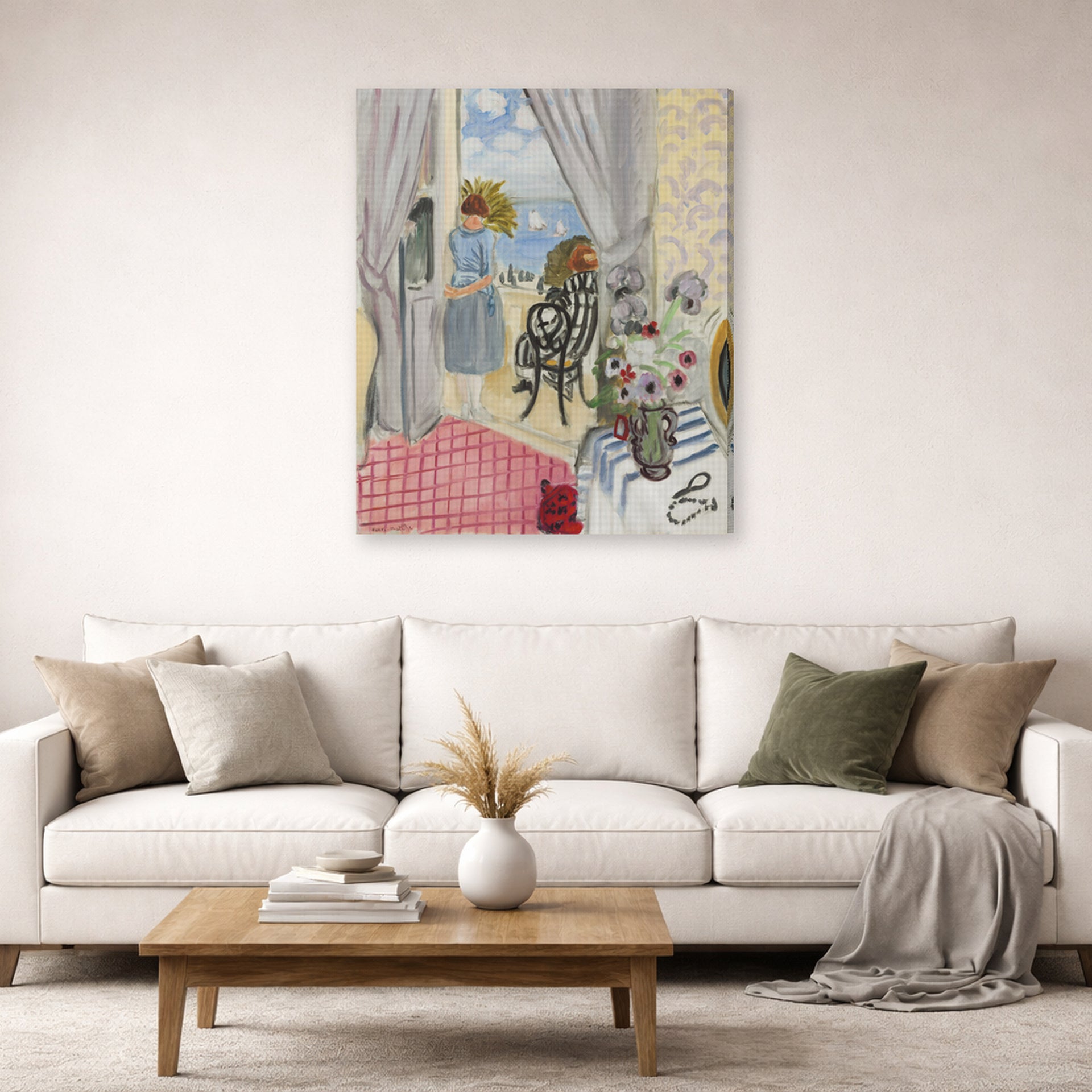 Gallery-wrapped canvas print of Henri Matisse's Les Regates De Nice hanging in a living room, view 2