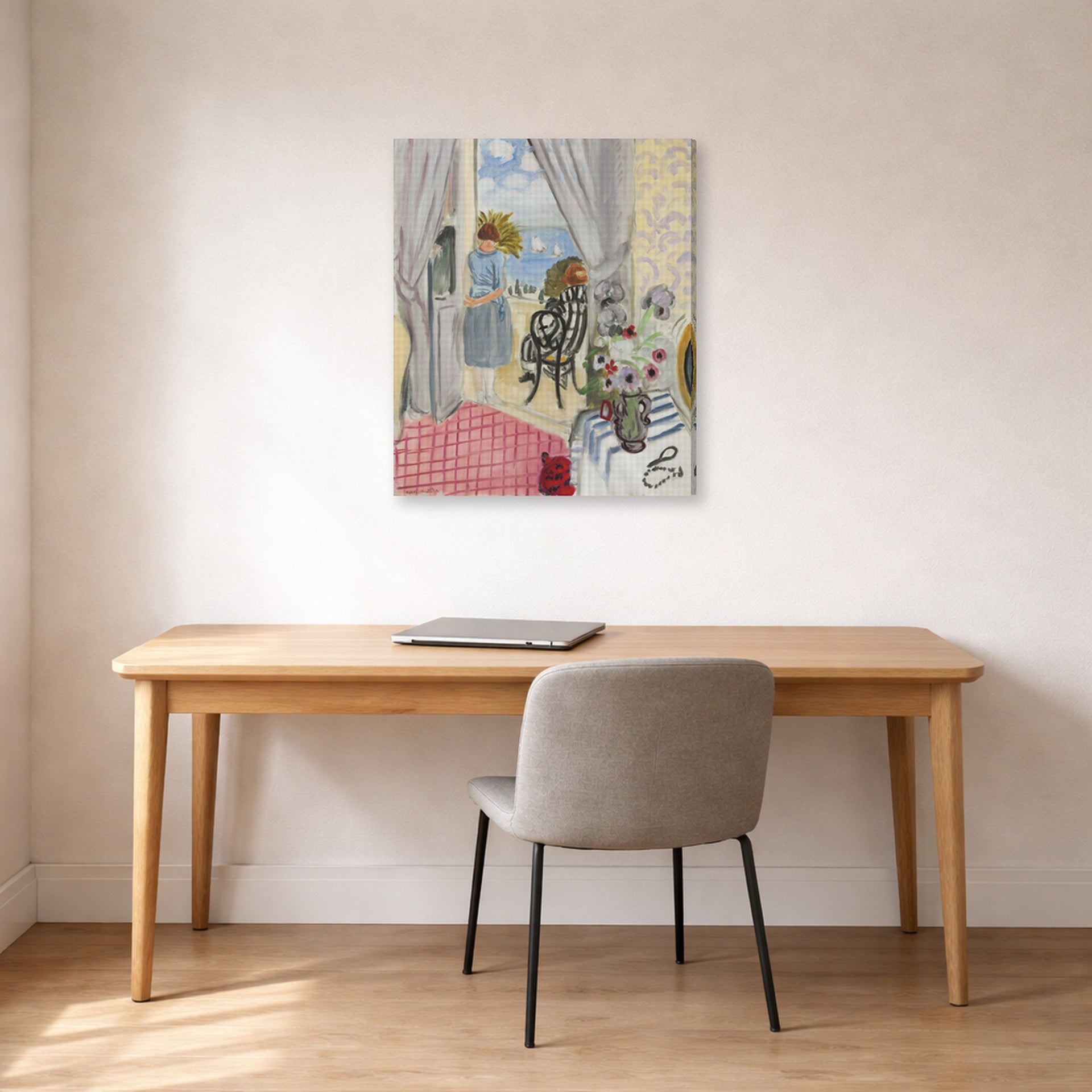 Gallery-wrapped canvas print of Henri Matisse's Les Regates De Nice hanging in a home office
