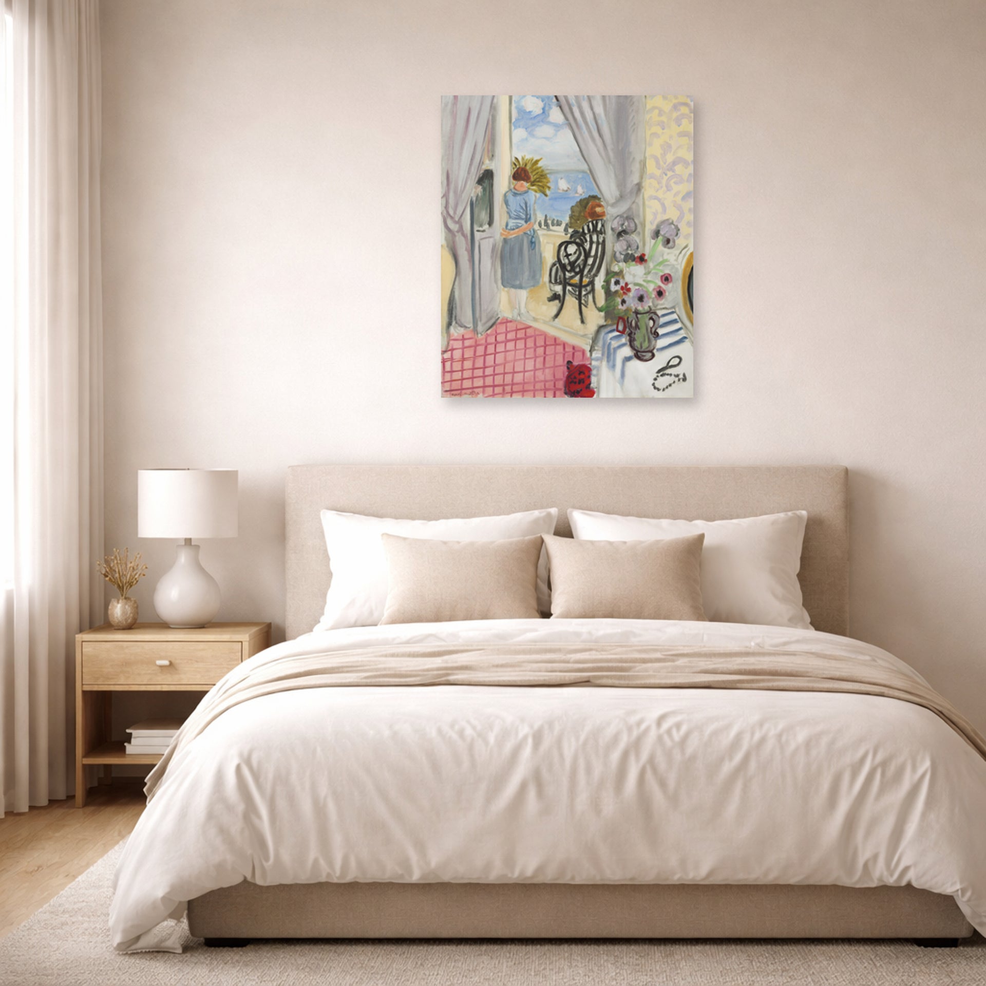 Unframed poster print of Henri Matisse's Les Regates De Nice displayed above a bed in a bedroom