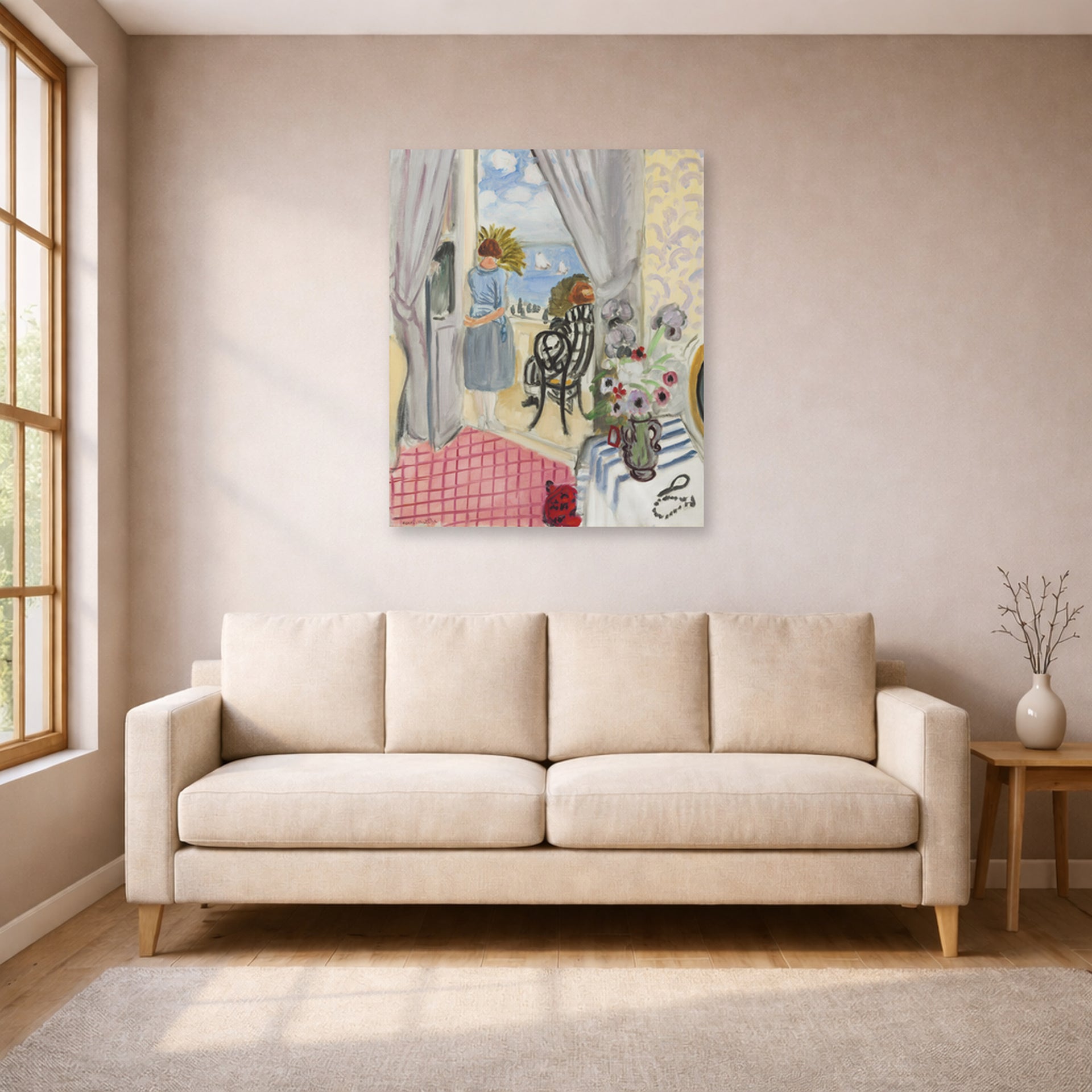Unframed poster print of Henri Matisse's Les Regates De Nice displayed in a living room, view 1