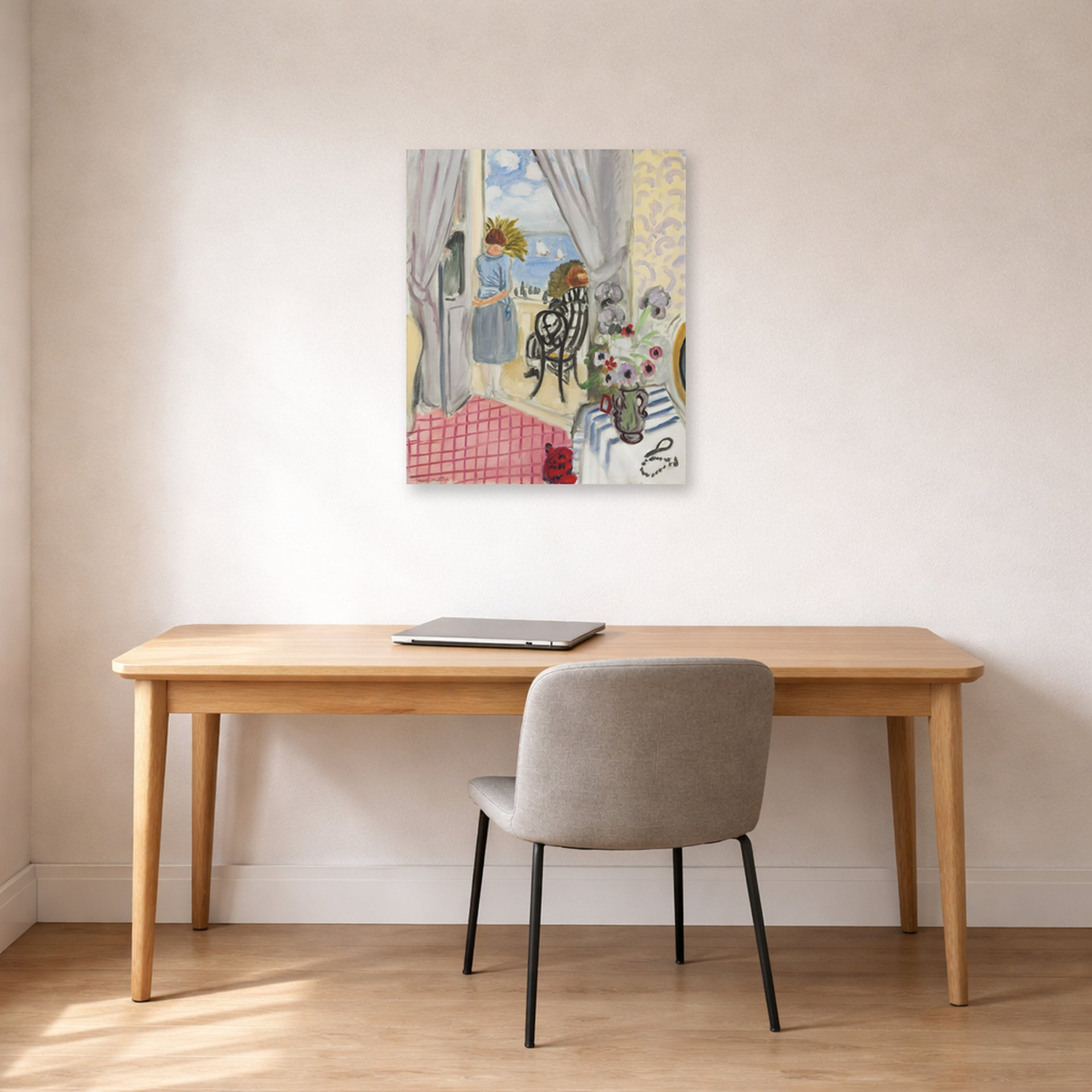 Unframed poster print of Henri Matisse's Les Regates De Nice displayed in a home office