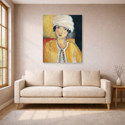 Gallery-wrapped canvas print of Henri Matisse's Lorette with Turban and Yellow Vest hanging in a living room, view 1