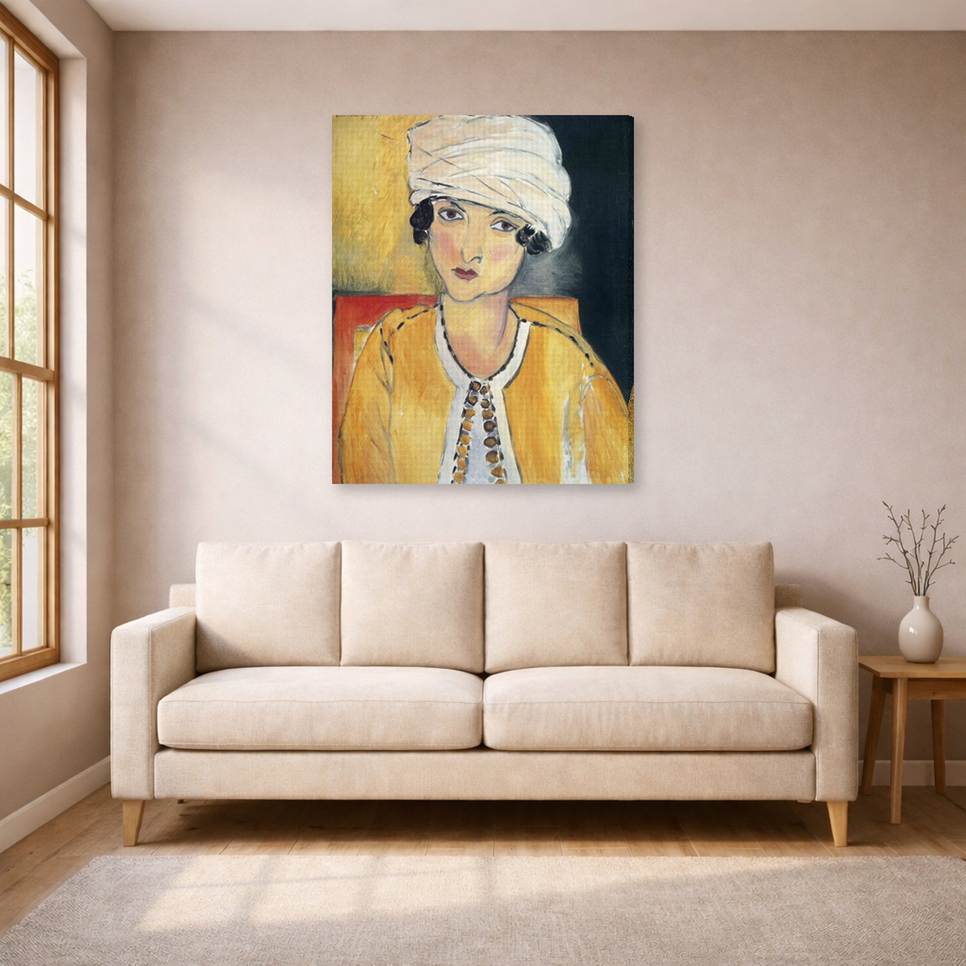 Gallery-wrapped canvas print of Henri Matisse's Lorette with Turban and Yellow Vest hanging in a living room, view 1