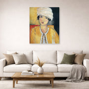 Gallery-wrapped canvas print of Henri Matisse's Lorette with Turban and Yellow Vest hanging in a living room, view 2
