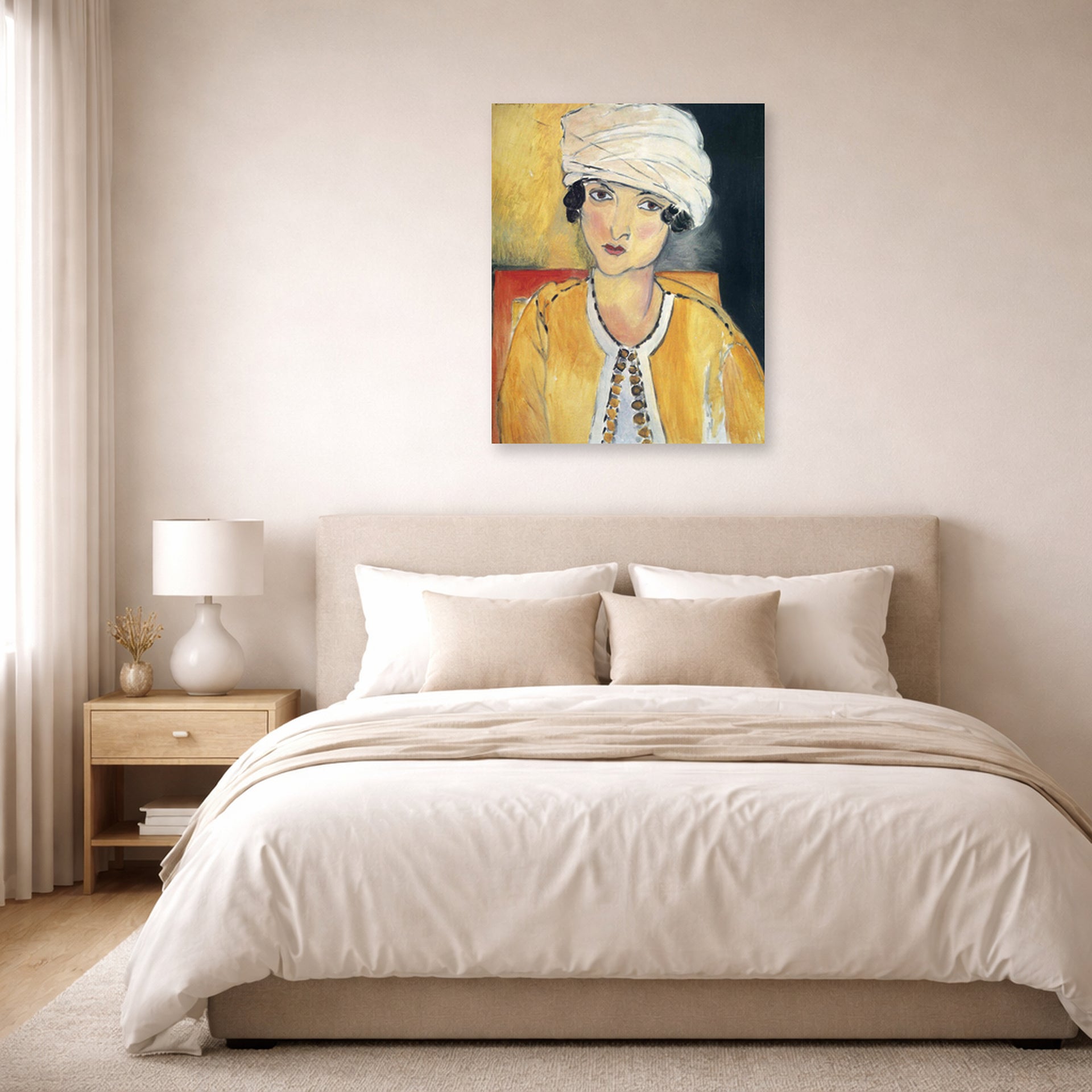 Unframed poster print of Henri Matisse's Lorette with Turban and Yellow Vest displayed above a bed in a bedroom