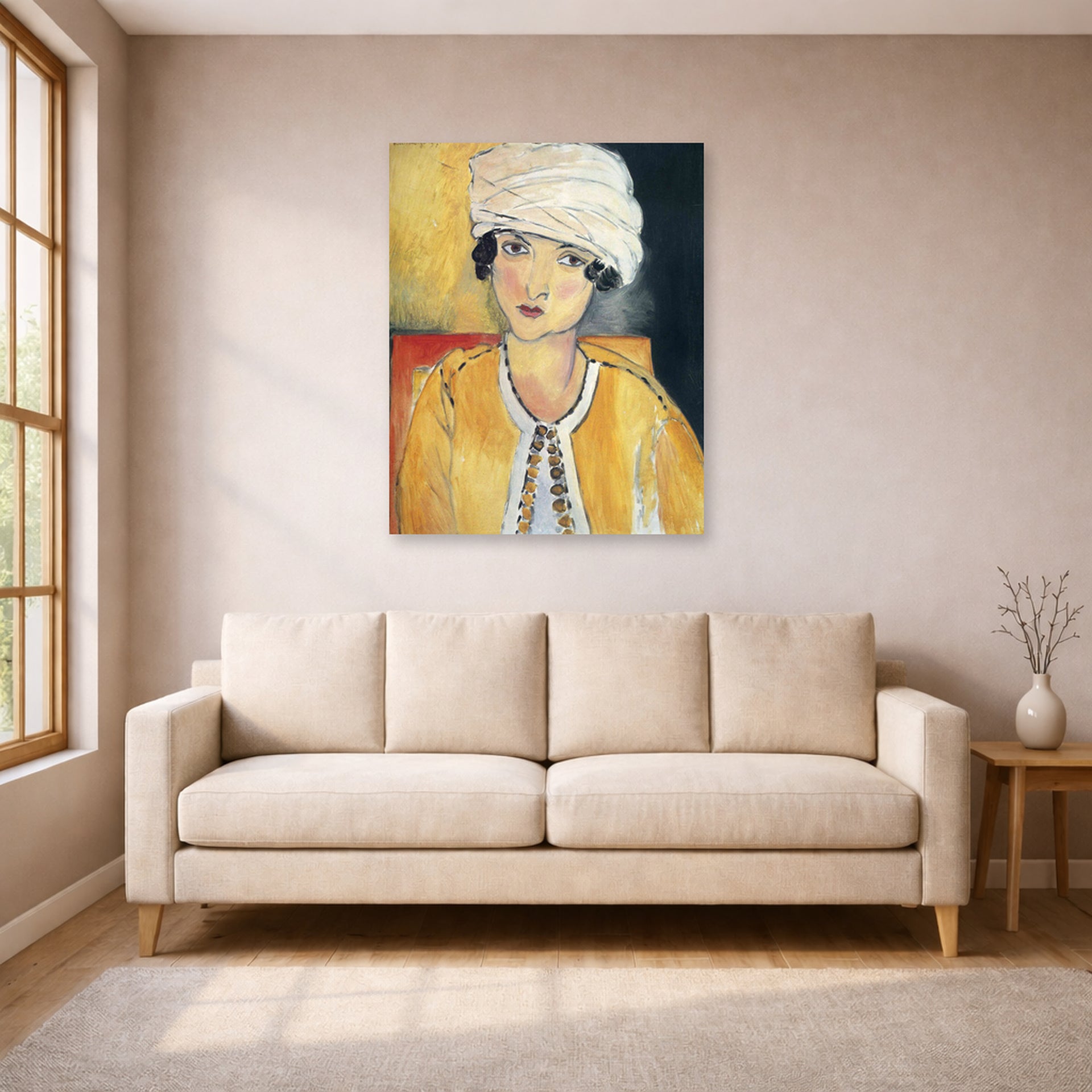 Unframed poster print of Henri Matisse's Lorette with Turban and Yellow Vest displayed in a living room, view 1
