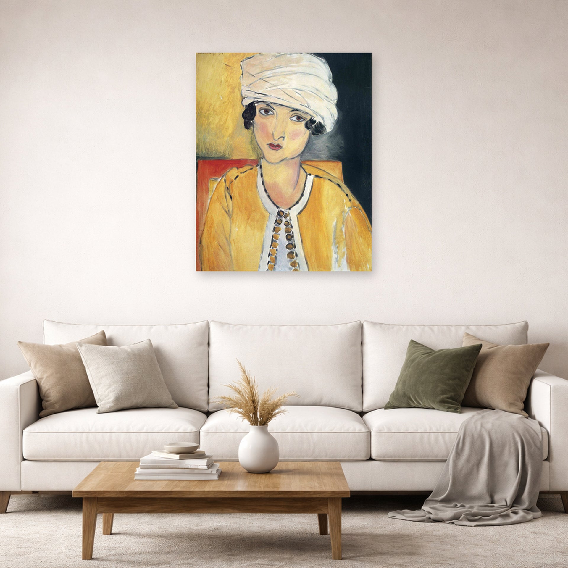 Unframed poster print of Henri Matisse's Lorette with Turban and Yellow Vest displayed in a living room, view 2