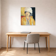 Unframed poster print of Henri Matisse's Lorette with Turban and Yellow Vest displayed in a home office