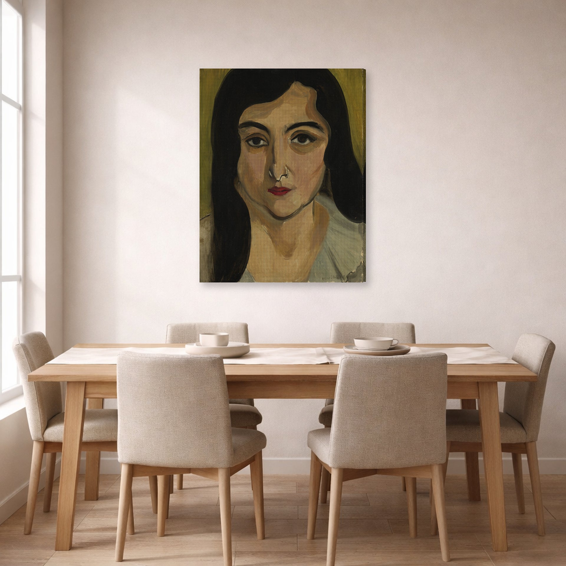 Gallery-wrapped canvas print of Henri Matisse's Lorette hanging on a dining room wall