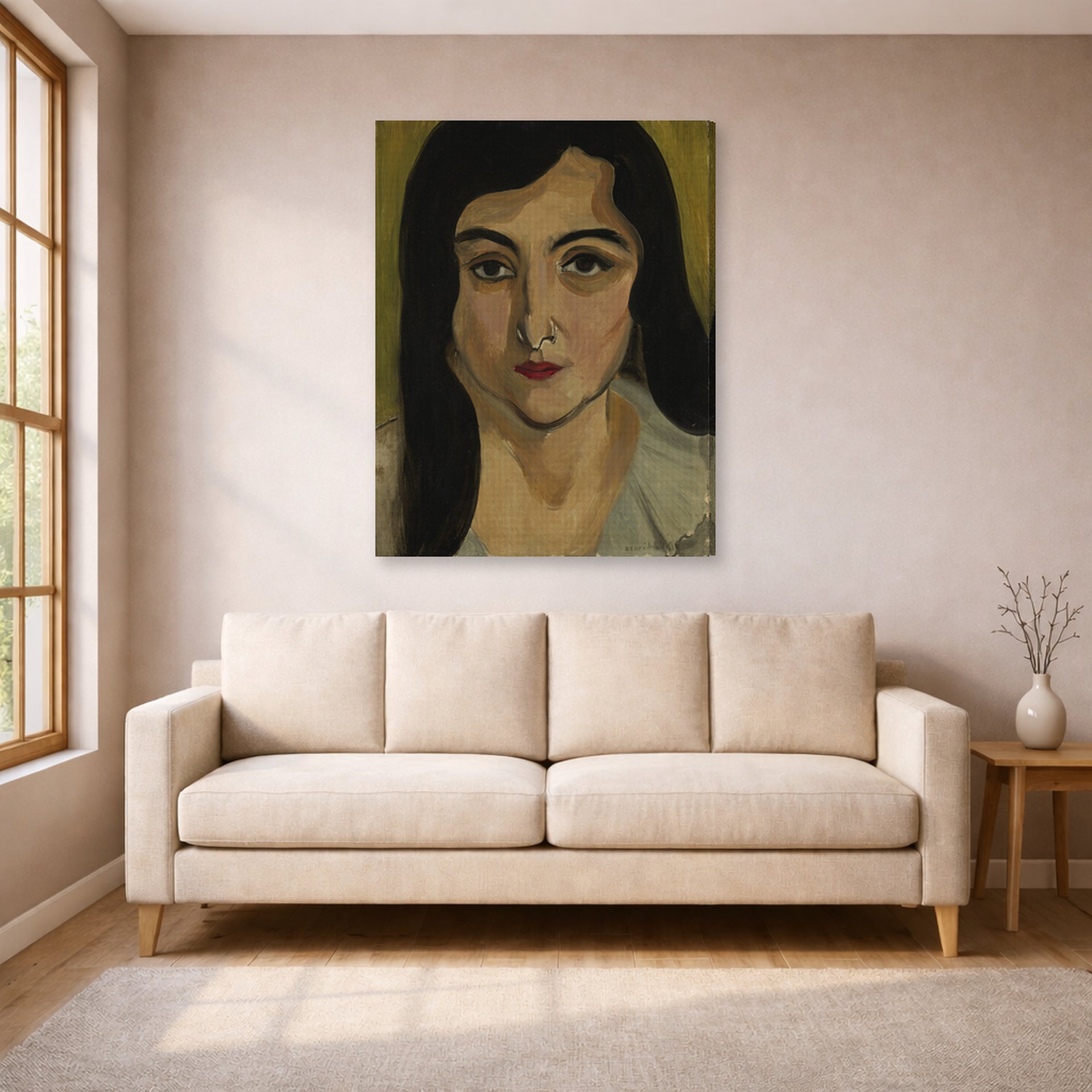 Gallery-wrapped canvas print of Henri Matisse's Lorette hanging in a living room, view 1