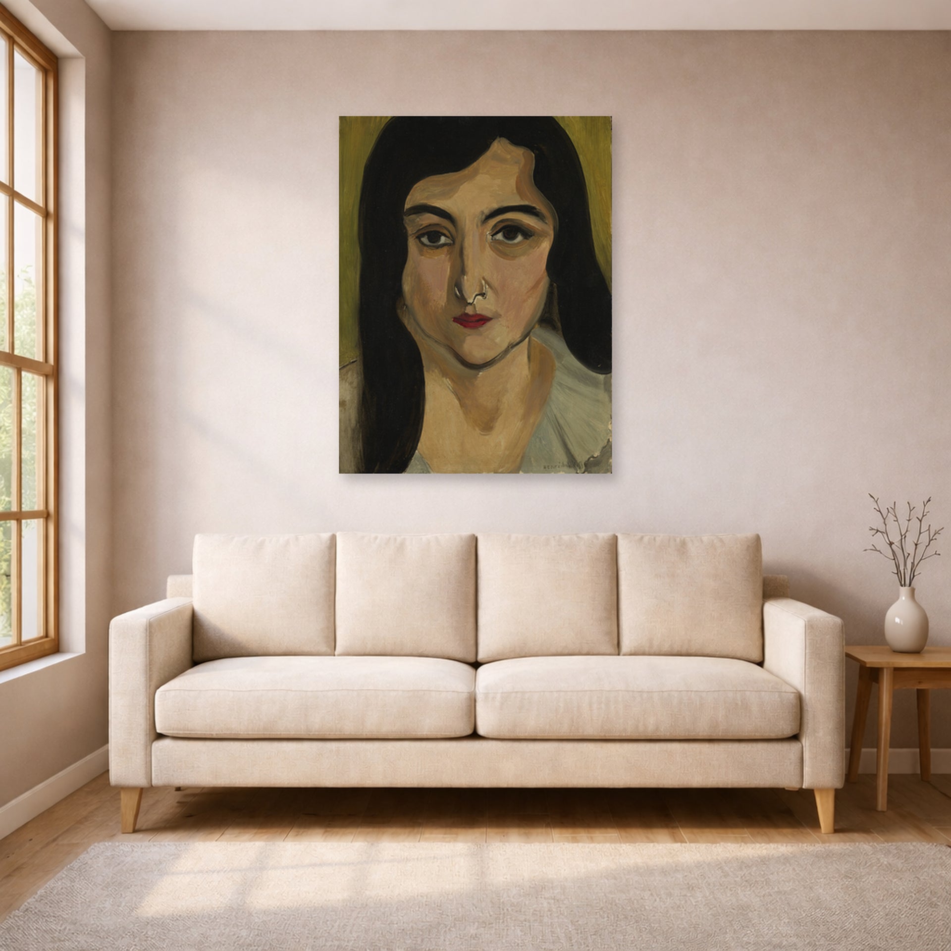 Unframed poster print of Henri Matisse's Lorette displayed in a living room, view 1