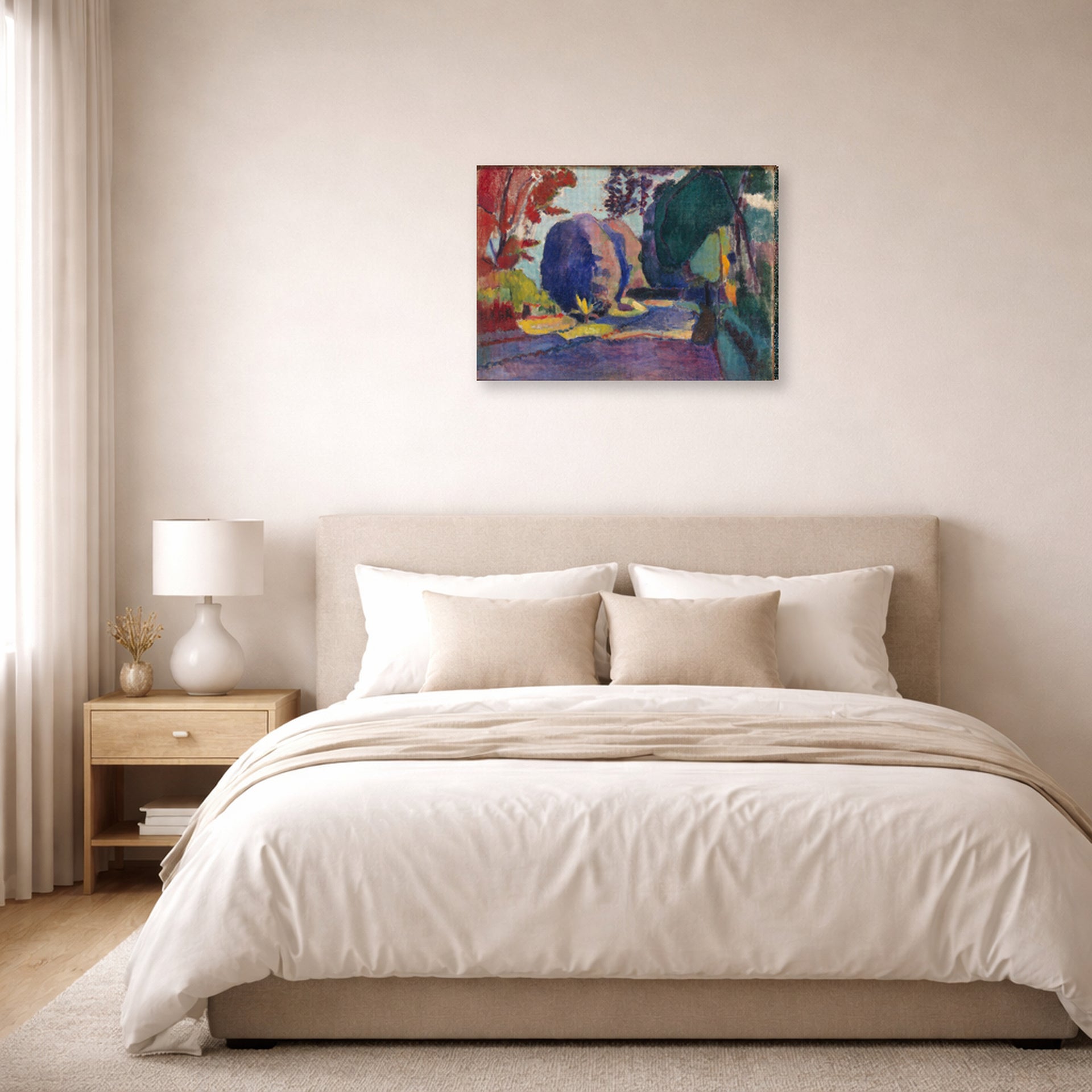 Gallery-wrapped canvas print of Henri Matisse's Luxembourg Gardens hanging above a bed in a bedroom