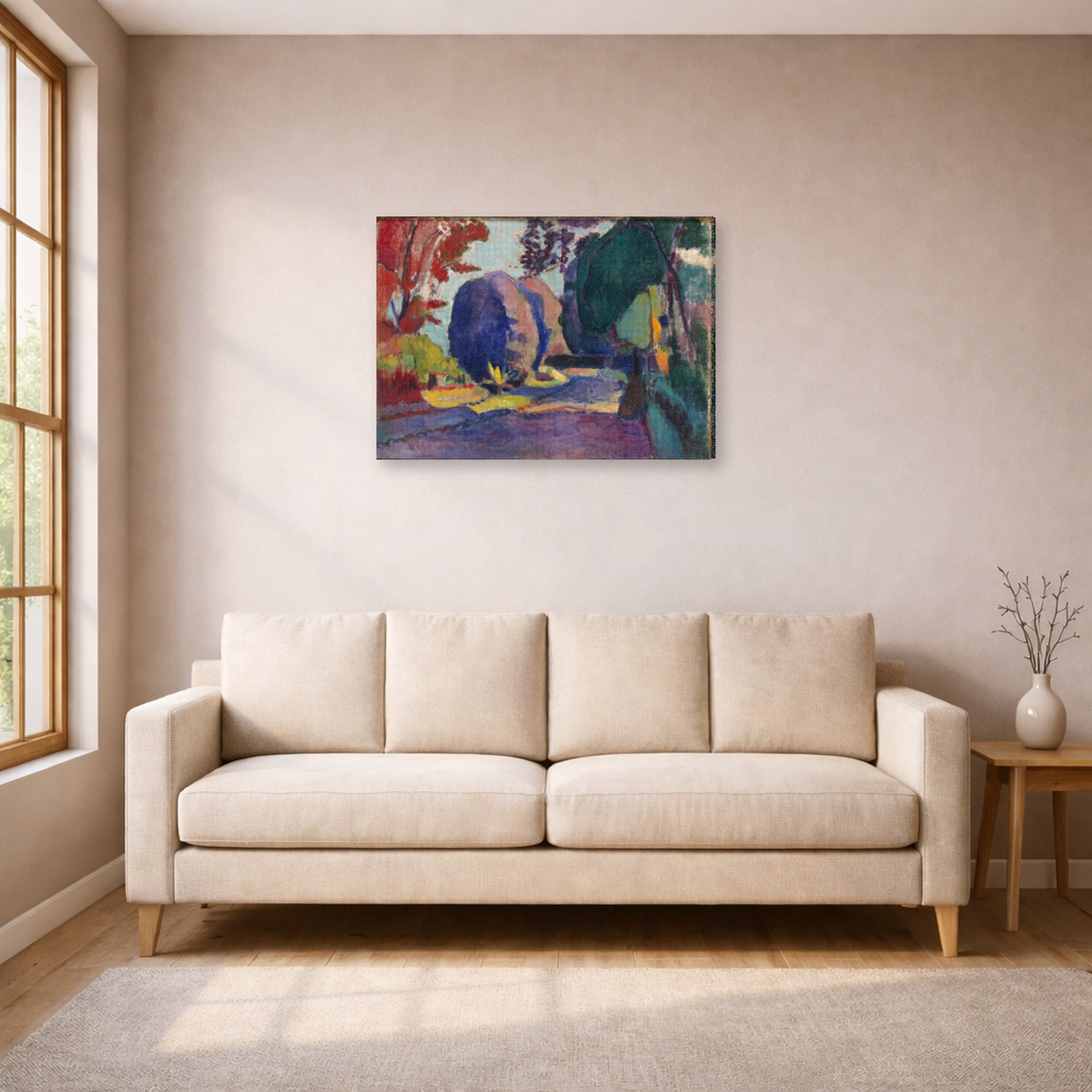 Gallery-wrapped canvas print of Henri Matisse's Luxembourg Gardens hanging in a living room, view 1