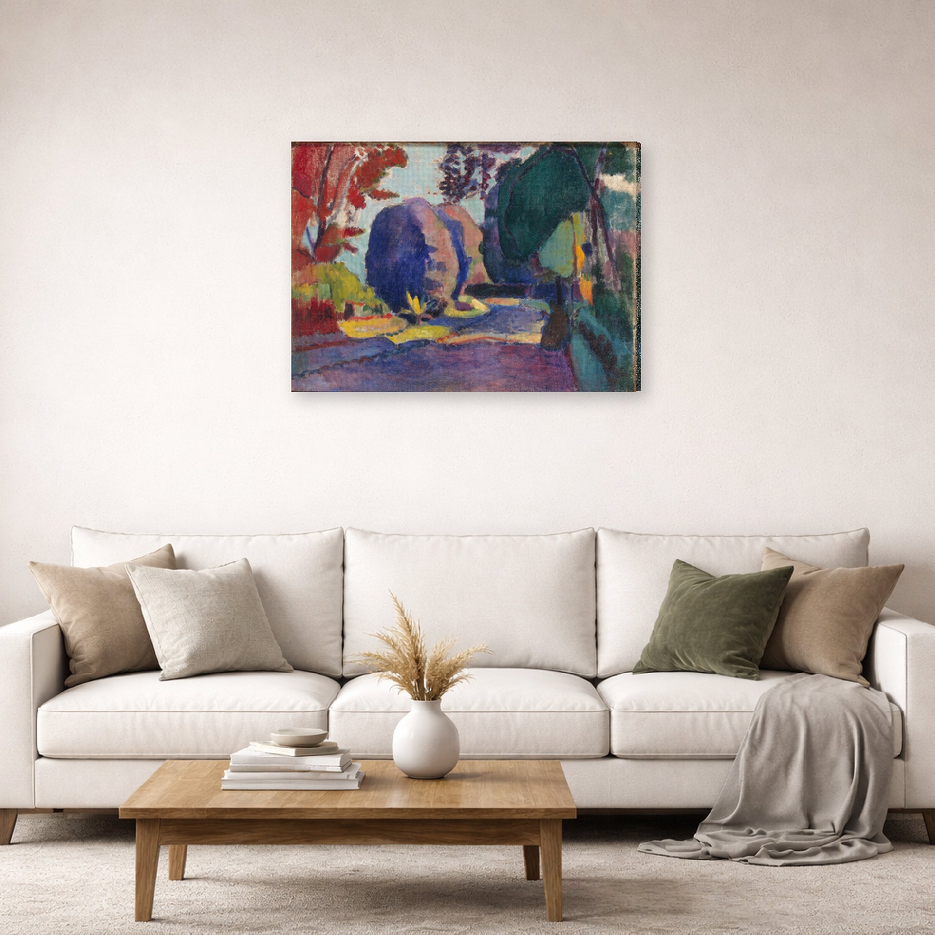 Gallery-wrapped canvas print of Henri Matisse's Luxembourg Gardens hanging in a living room, view 2