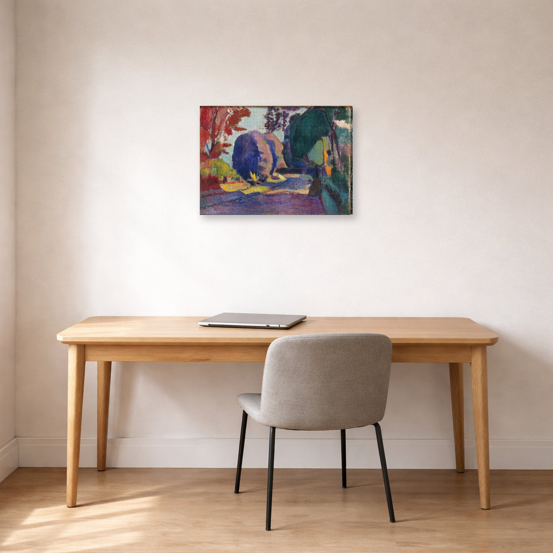 Gallery-wrapped canvas print of Henri Matisse's Luxembourg Gardens hanging in a home office