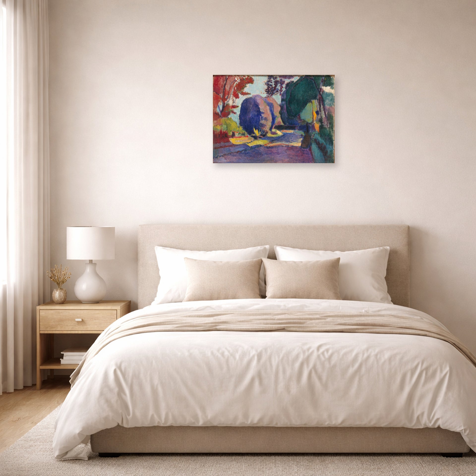 Unframed poster print of Henri Matisse's Luxembourg Gardens displayed above a bed in a bedroom