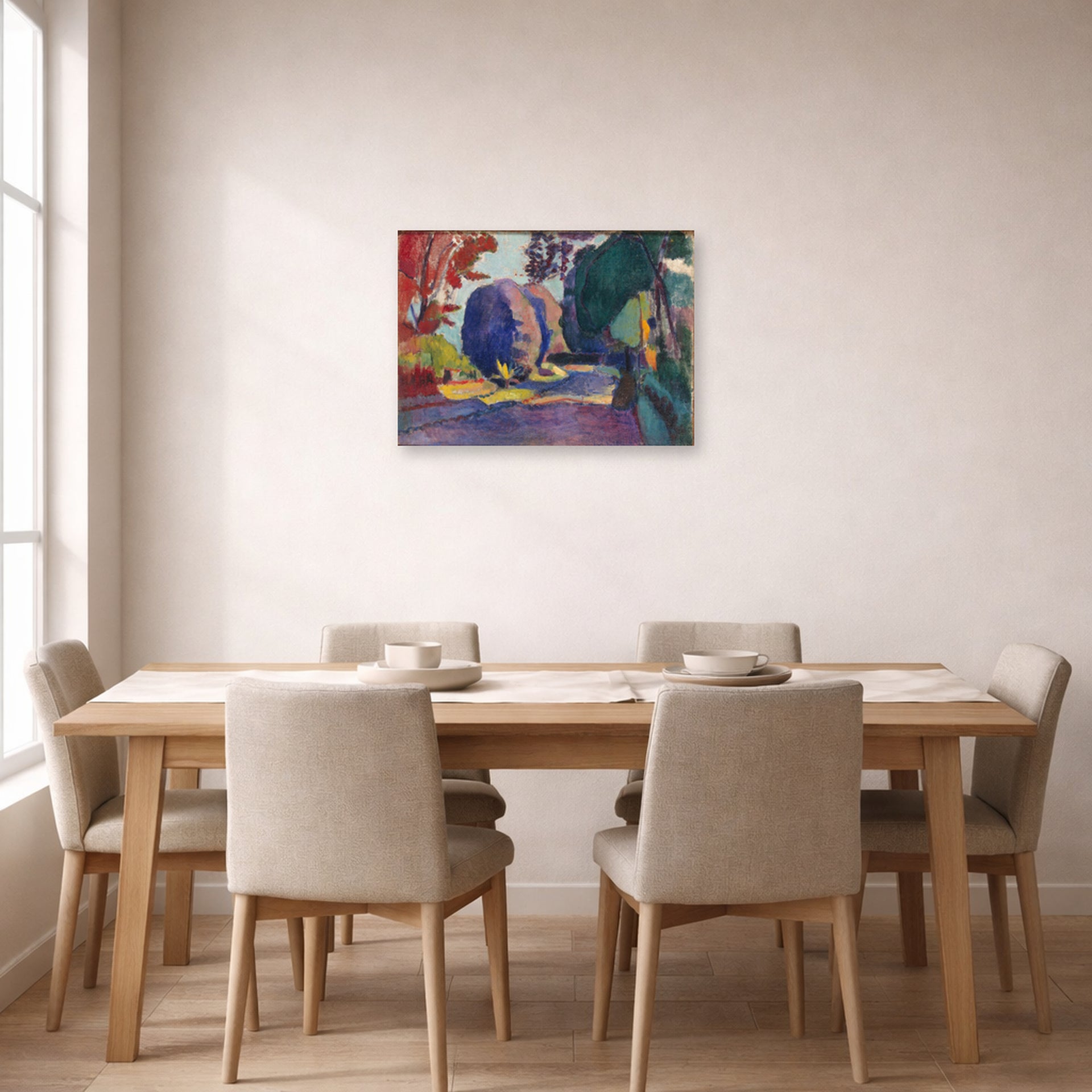Unframed poster print of Henri Matisse's Luxembourg Gardens displayed on a dining room wall