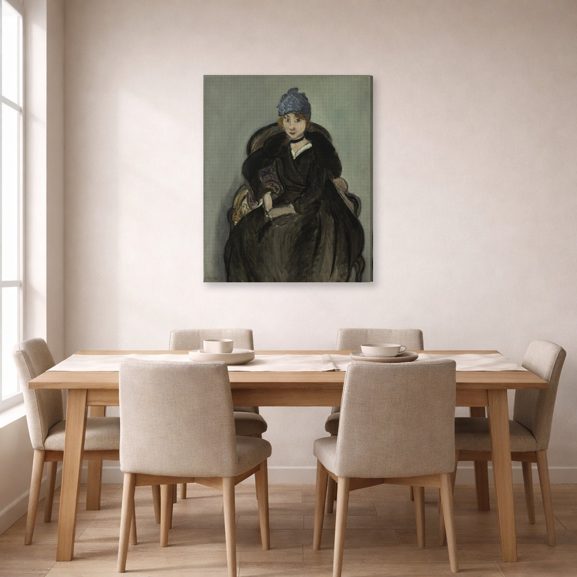 Gallery-wrapped canvas print of Henri Matisse's Marguerite Wearing a Hat hanging on a dining room wall