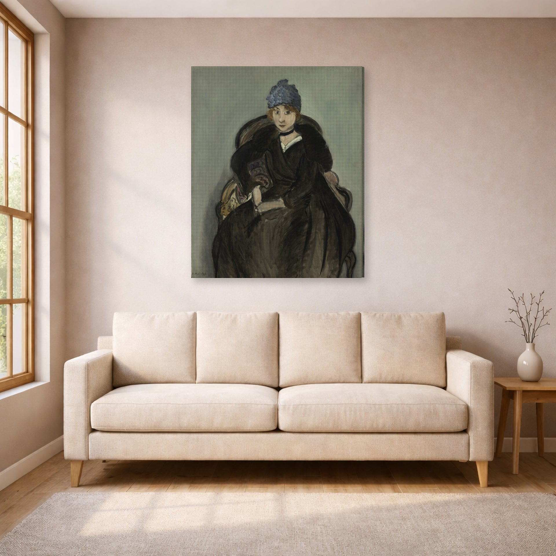 Gallery-wrapped canvas print of Henri Matisse's Marguerite Wearing a Hat hanging in a living room, view 1