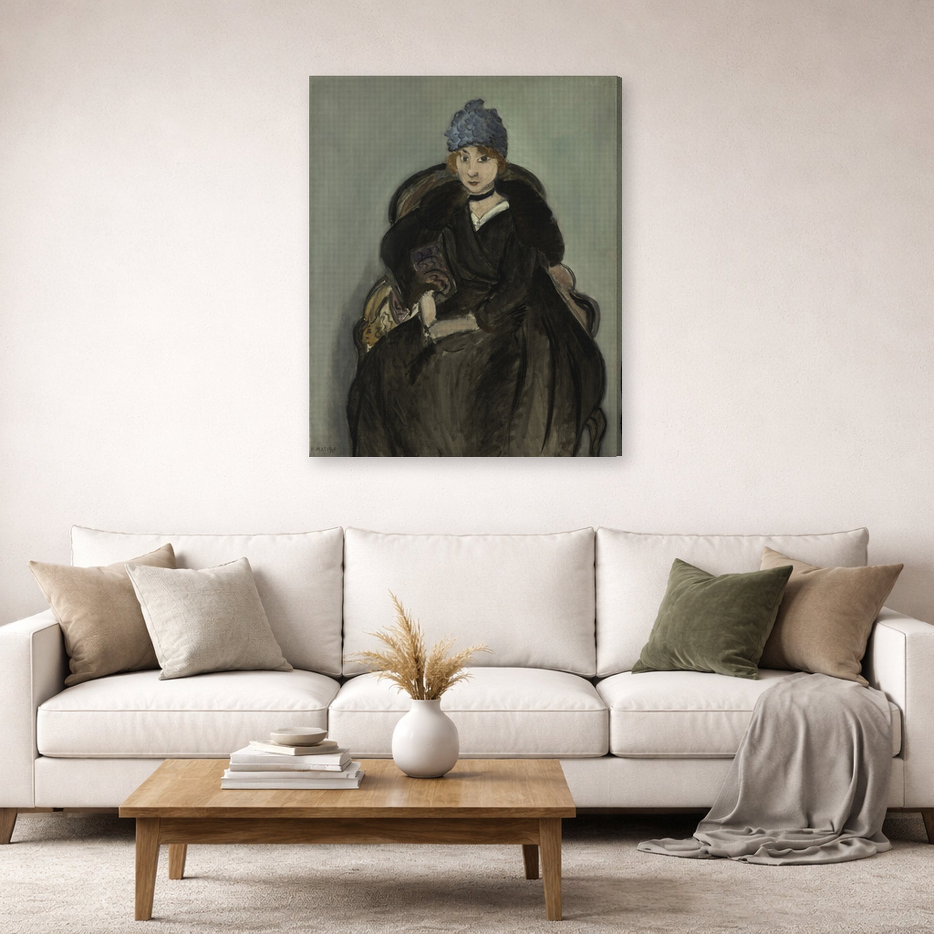 Gallery-wrapped canvas print of Henri Matisse's Marguerite Wearing a Hat hanging in a living room, view 2