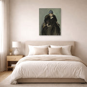 Unframed poster print of Henri Matisse's Marguerite Wearing a Hat displayed above a bed in a bedroom