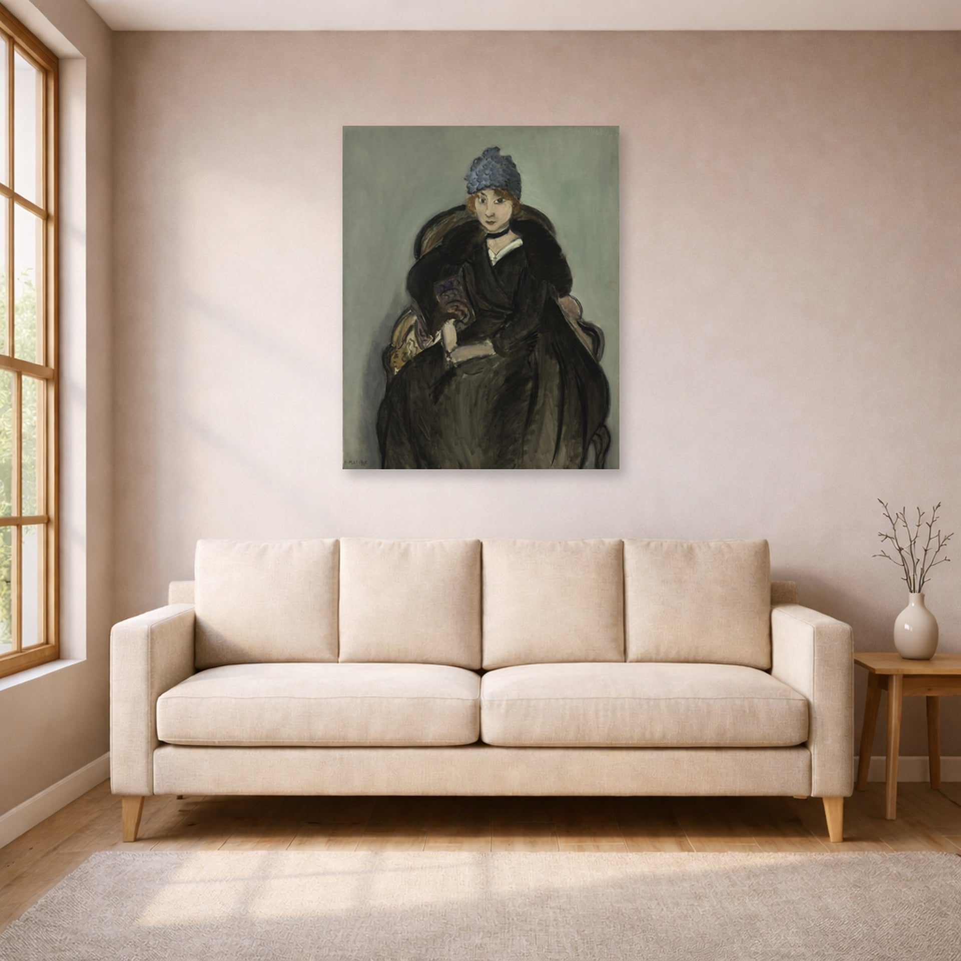 Unframed poster print of Henri Matisse's Marguerite Wearing a Hat displayed in a living room, view 1