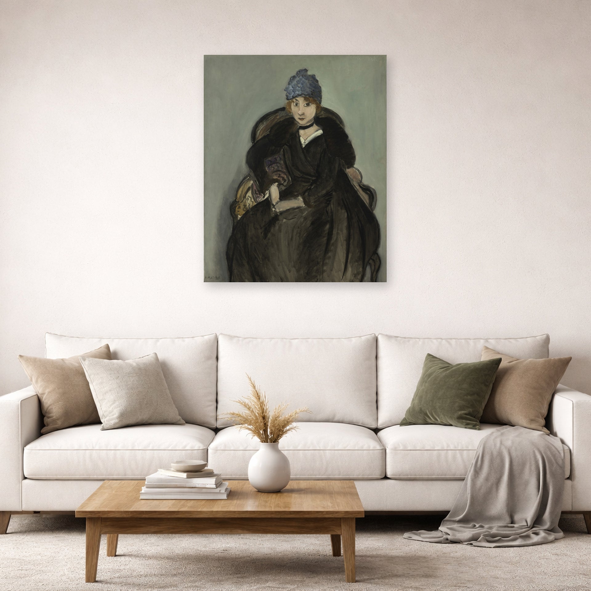 Unframed poster print of Henri Matisse's Marguerite Wearing a Hat displayed in a living room, view 2
