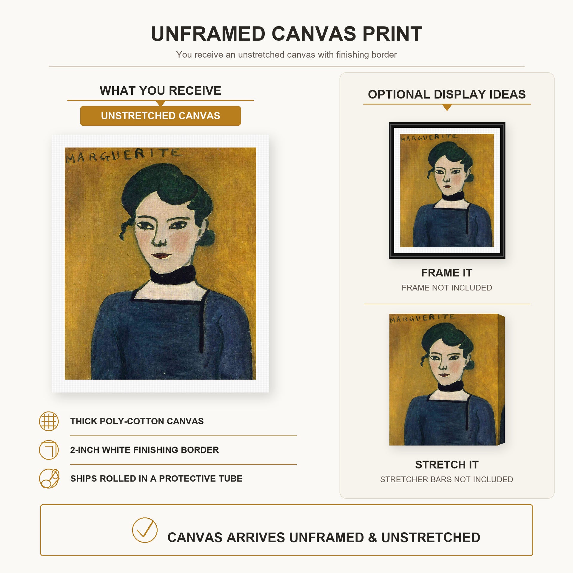 Henri Matisse - Marguerite canvas print size comparison and framing display infographic