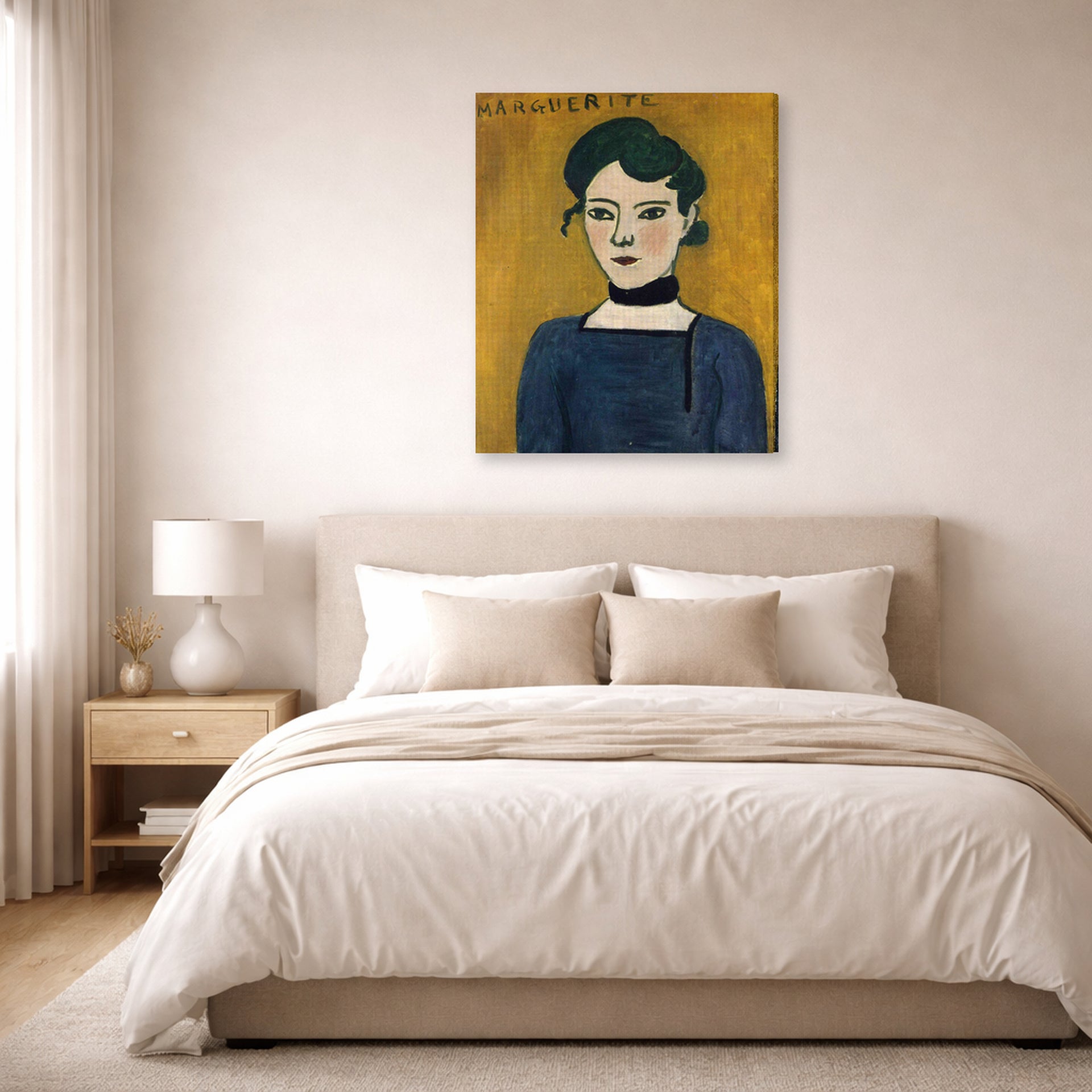 Gallery-wrapped canvas print of Henri Matisse's Marguerite hanging above a bed in a bedroom