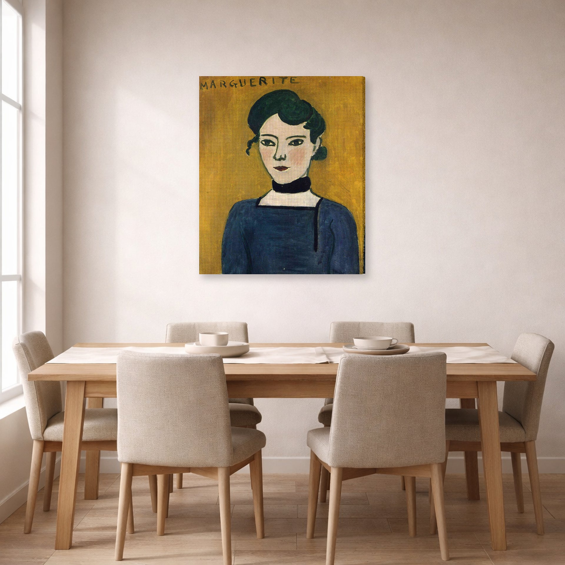 Gallery-wrapped canvas print of Henri Matisse's Marguerite hanging on a dining room wall