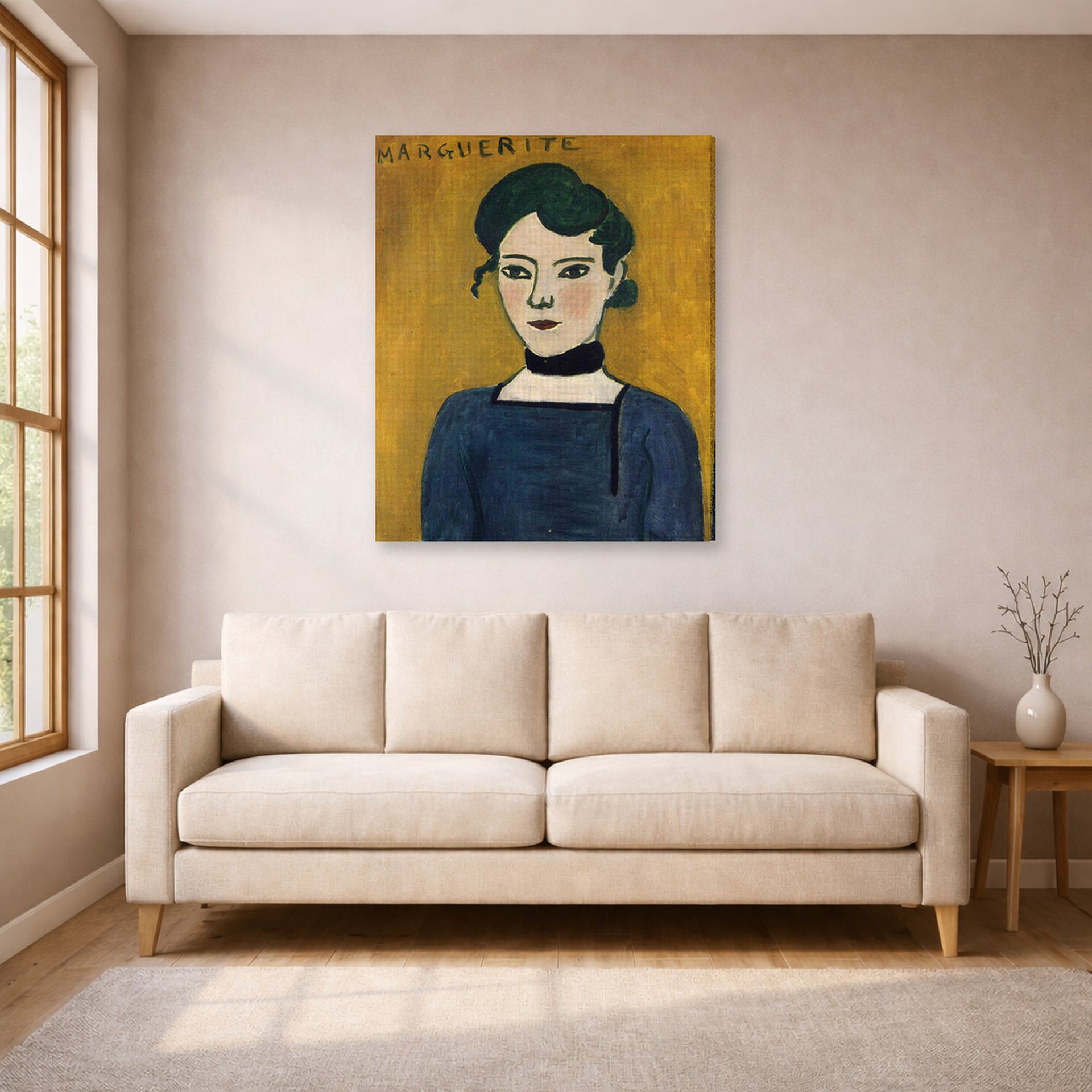 Gallery-wrapped canvas print of Henri Matisse's Marguerite hanging in a living room, view 1
