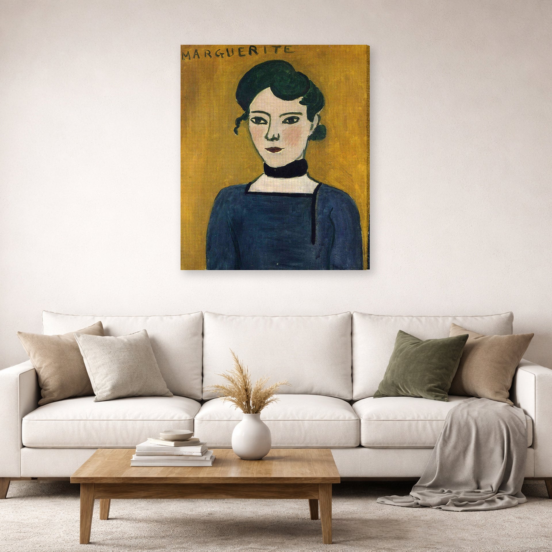 Gallery-wrapped canvas print of Henri Matisse's Marguerite hanging in a living room, view 2