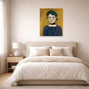 Unframed poster print of Henri Matisse's Marguerite displayed above a bed in a bedroom