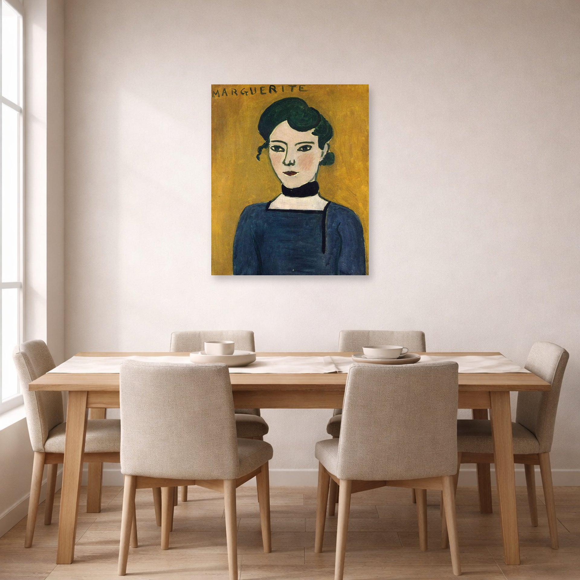 Unframed poster print of Henri Matisse's Marguerite displayed on a dining room wall