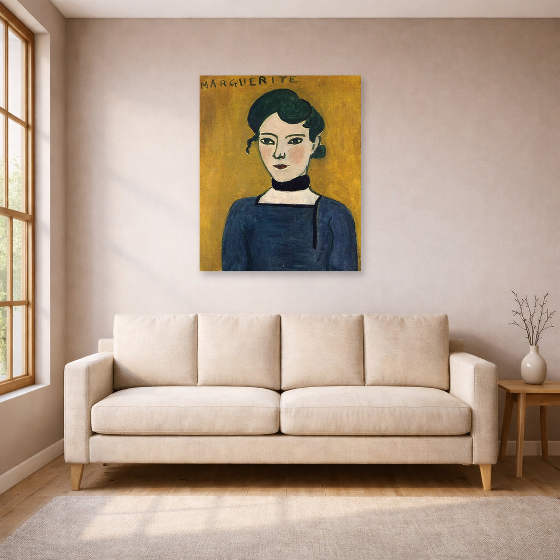 Unframed poster print of Henri Matisse's Marguerite displayed in a living room, view 1