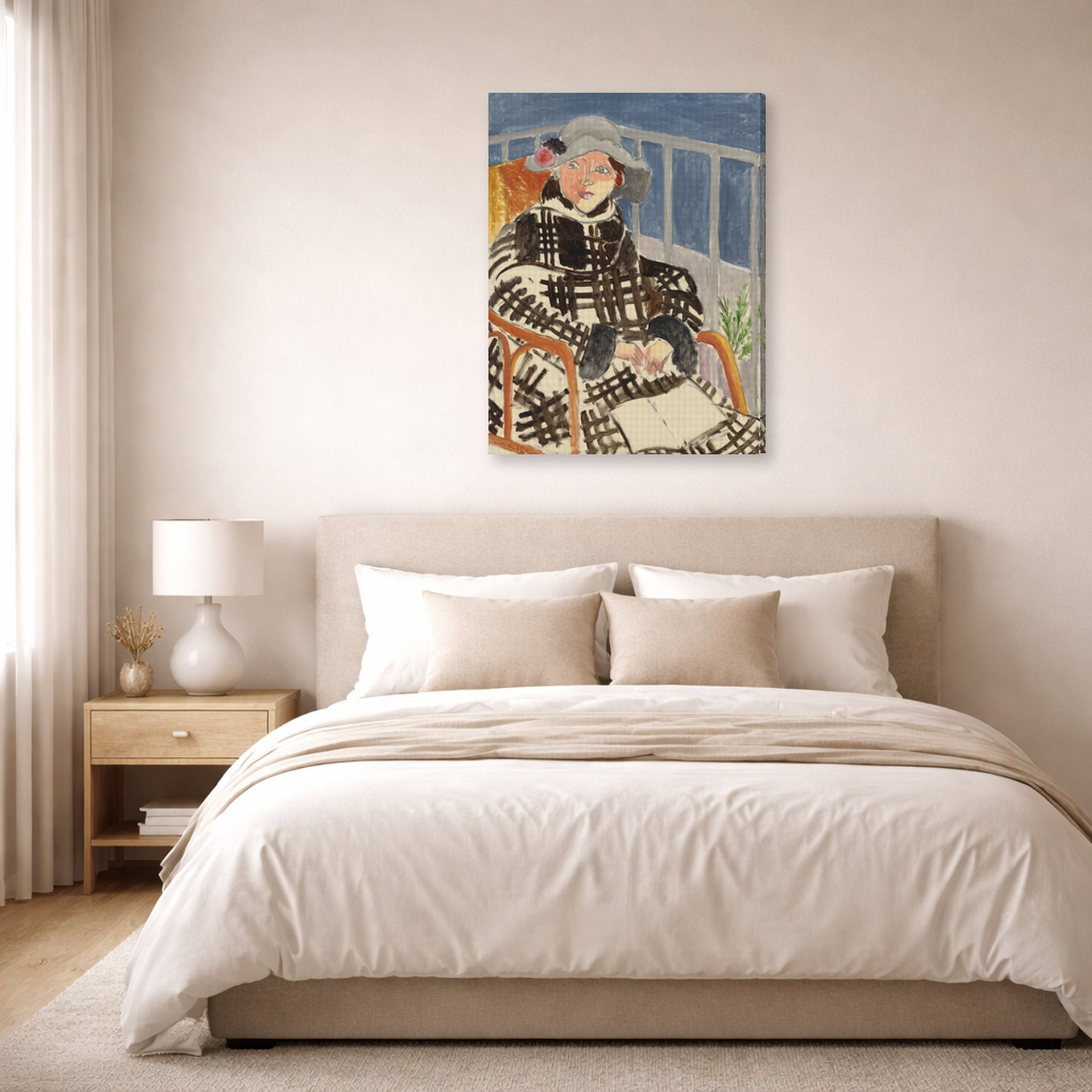 Gallery-wrapped canvas print of Henri Matisse's Mlle. Matisse en Manteau Ecossais hanging above a bed in a bedroom