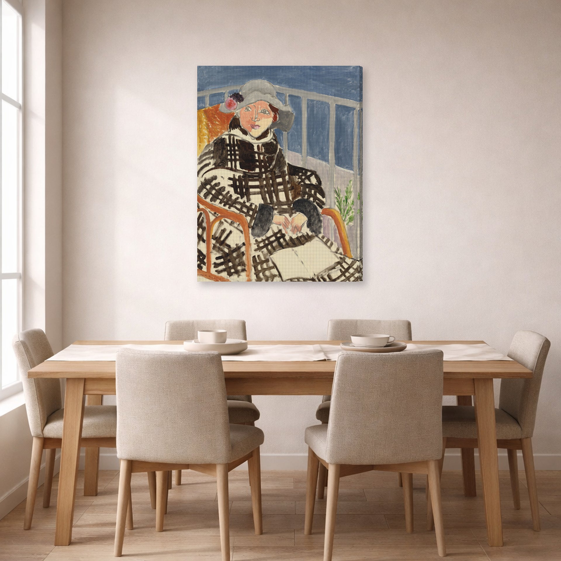Gallery-wrapped canvas print of Henri Matisse's Mlle. Matisse en Manteau Ecossais hanging on a dining room wall