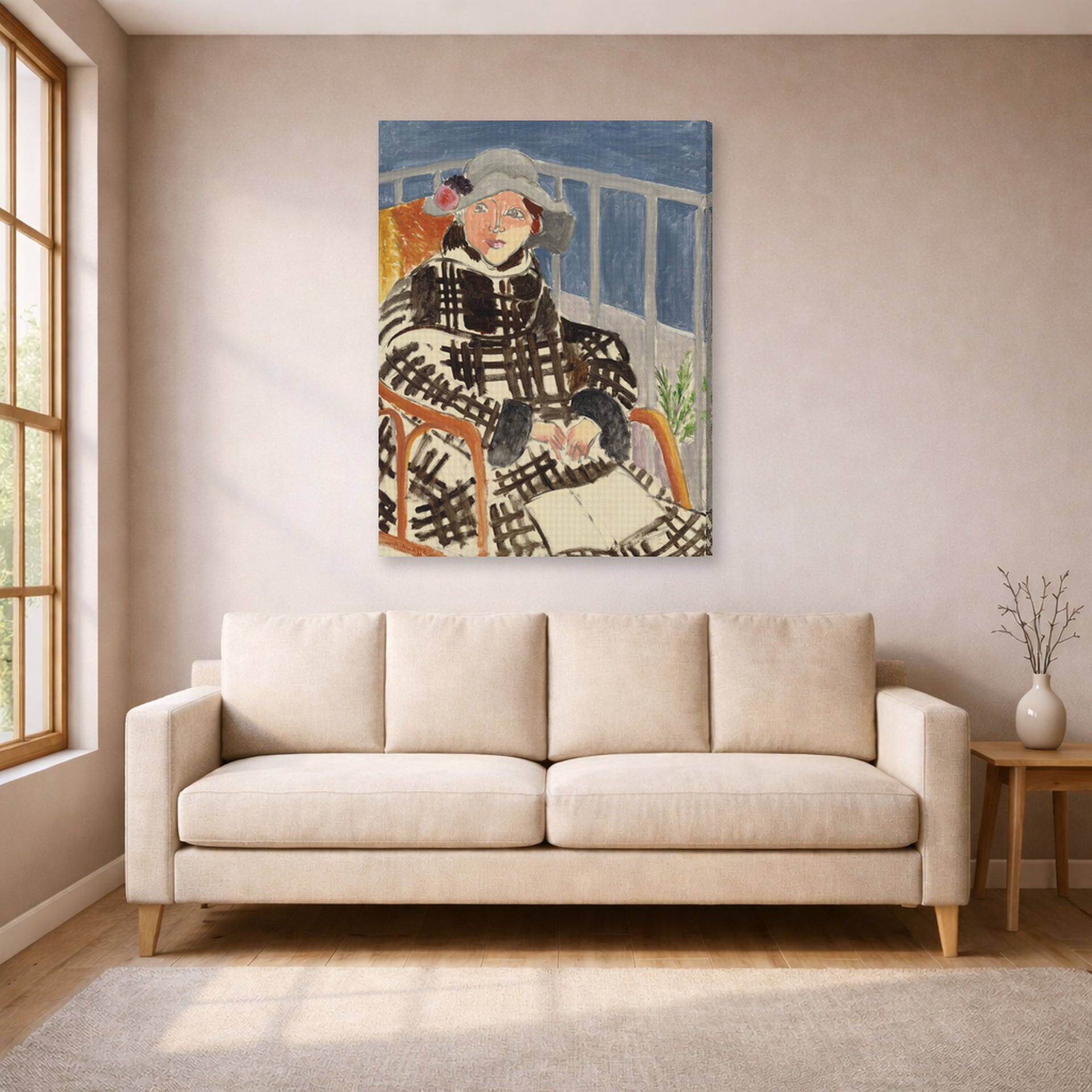 Gallery-wrapped canvas print of Henri Matisse's Mlle. Matisse en Manteau Ecossais hanging in a living room, view 1