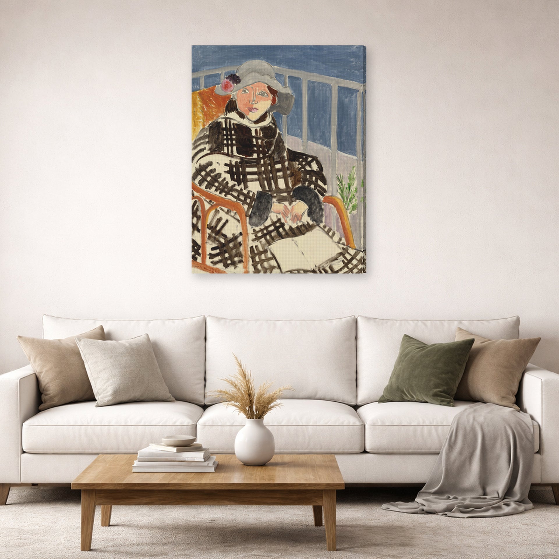 Gallery-wrapped canvas print of Henri Matisse's Mlle. Matisse en Manteau Ecossais hanging in a living room, view 2