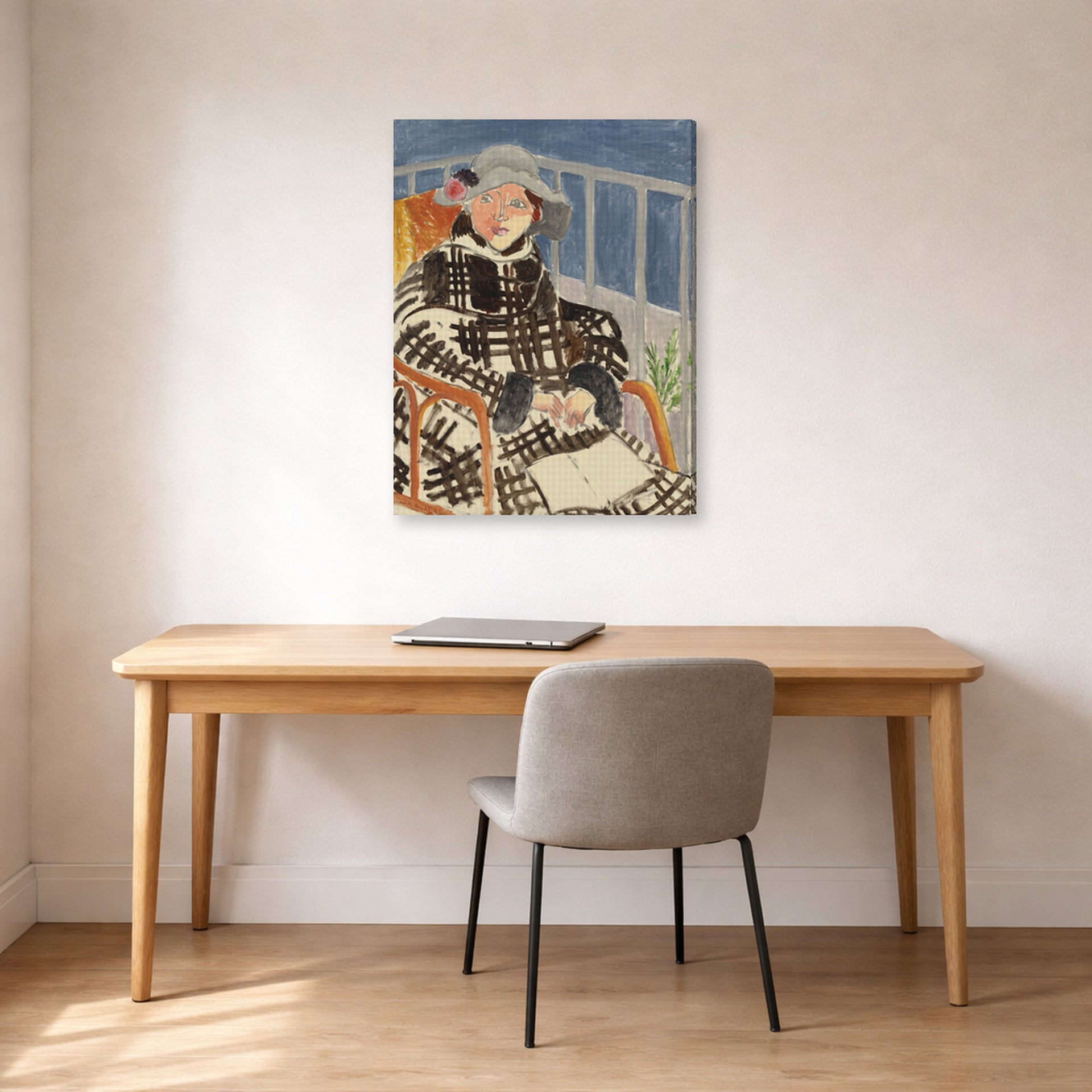Gallery-wrapped canvas print of Henri Matisse's Mlle. Matisse en Manteau Ecossais hanging in a home office