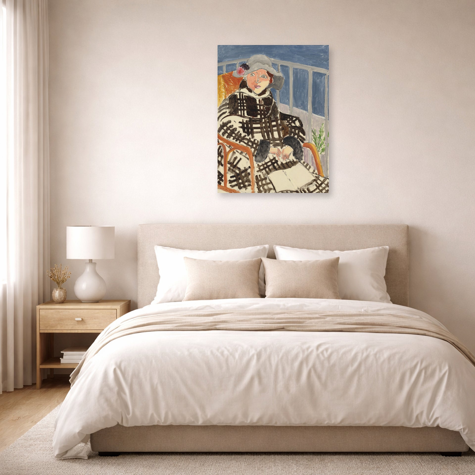 Unframed poster print of Henri Matisse's Mlle. Matisse en Manteau Ecossais displayed above a bed in a bedroom