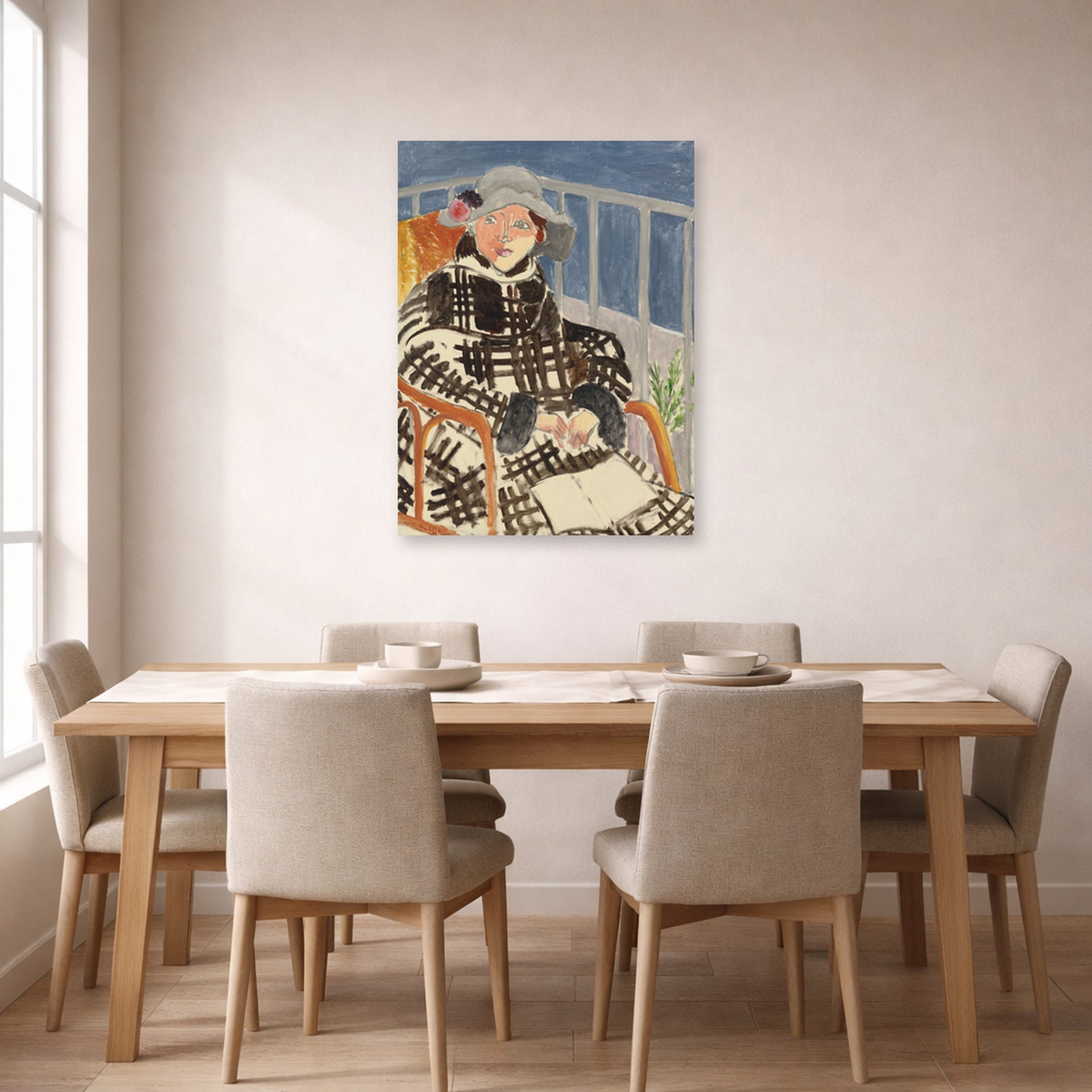 Unframed poster print of Henri Matisse's Mlle. Matisse en Manteau Ecossais displayed on a dining room wall