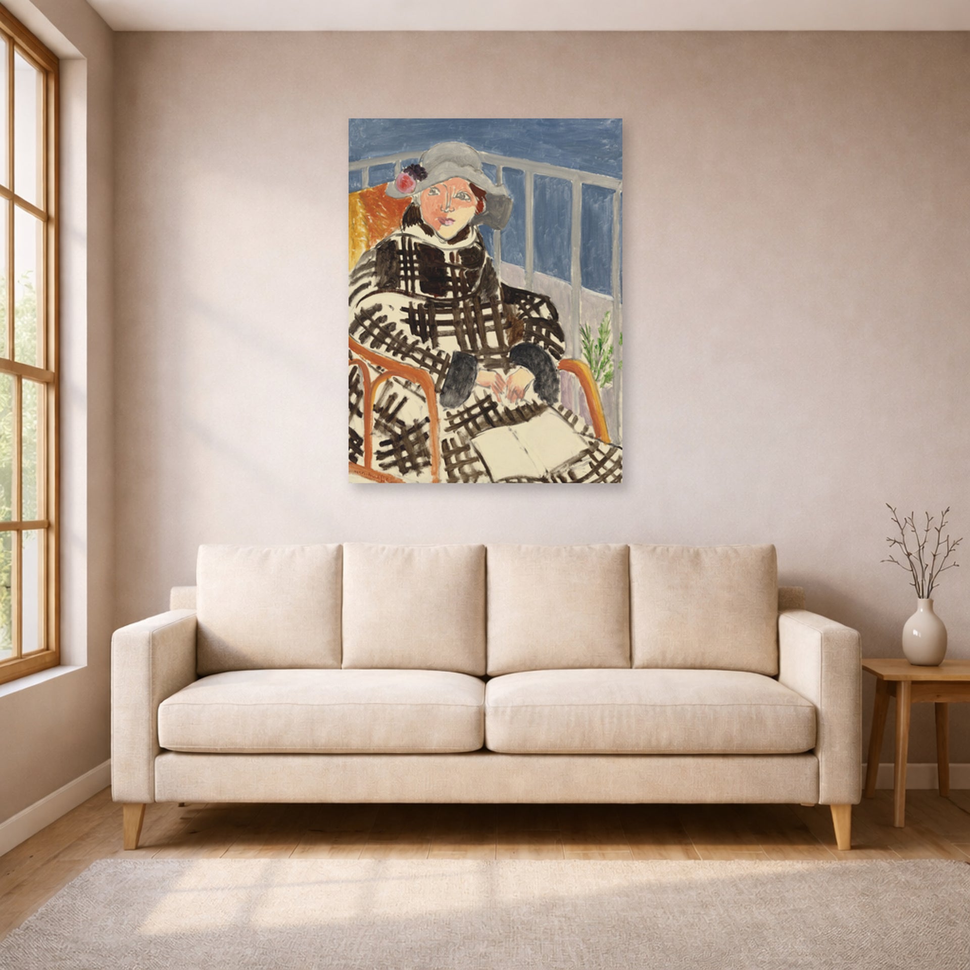Unframed poster print of Henri Matisse's Mlle. Matisse en Manteau Ecossais displayed in a living room, view 1