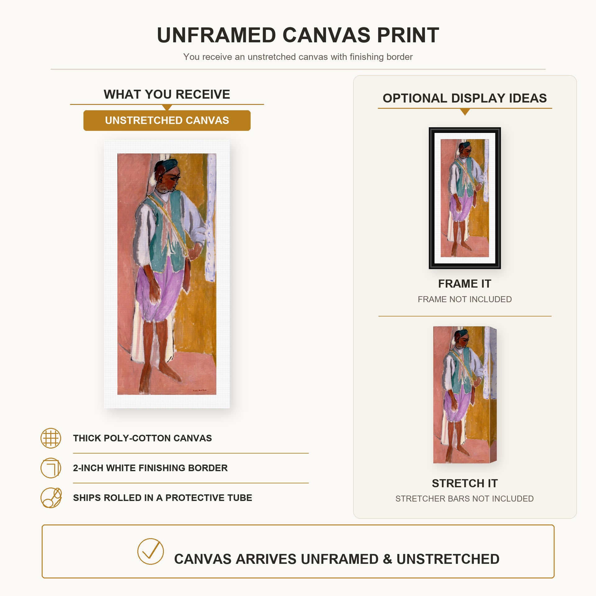 Henri Matisse - Moroccan Amido canvas print size comparison and framing display infographic