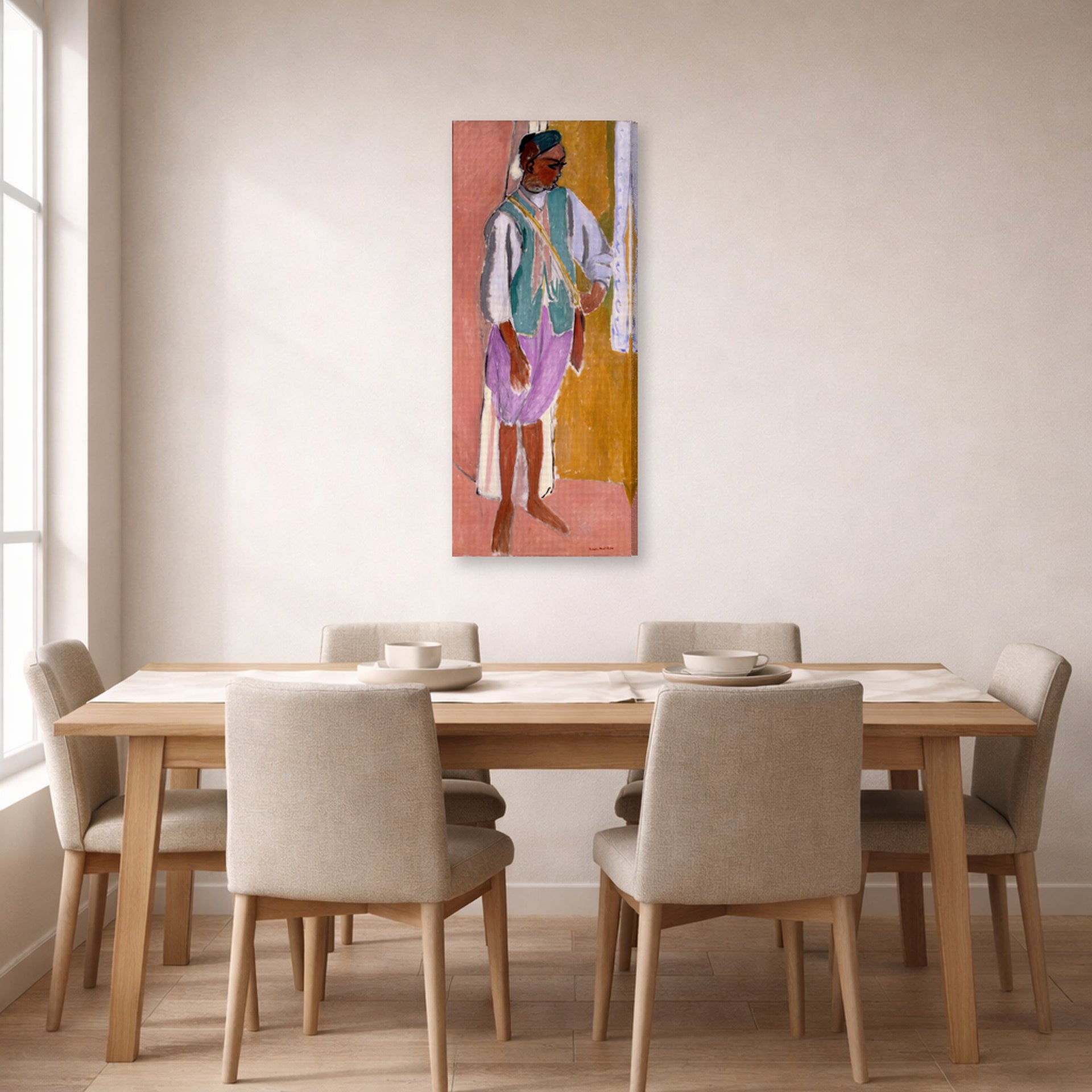 Gallery-wrapped canvas print of Henri Matisse's Moroccan Amido hanging on a dining room wall