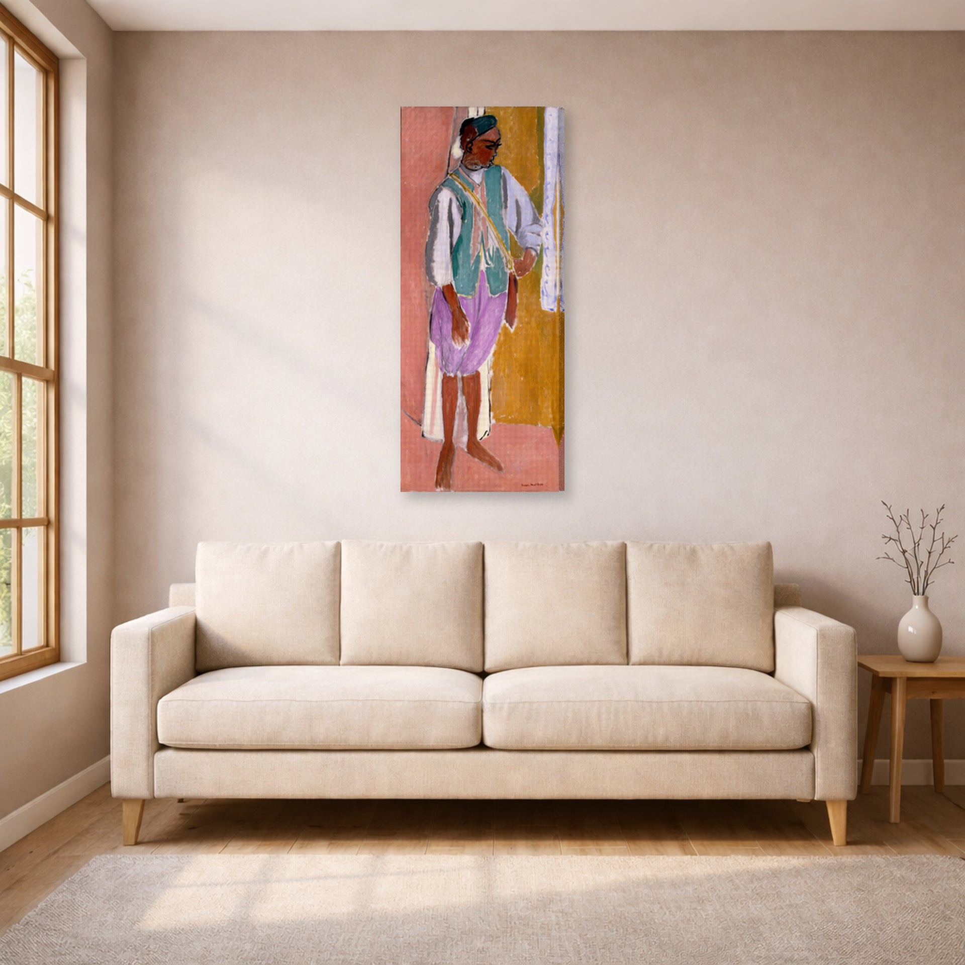 Gallery-wrapped canvas print of Henri Matisse's Moroccan Amido hanging in a living room, view 1