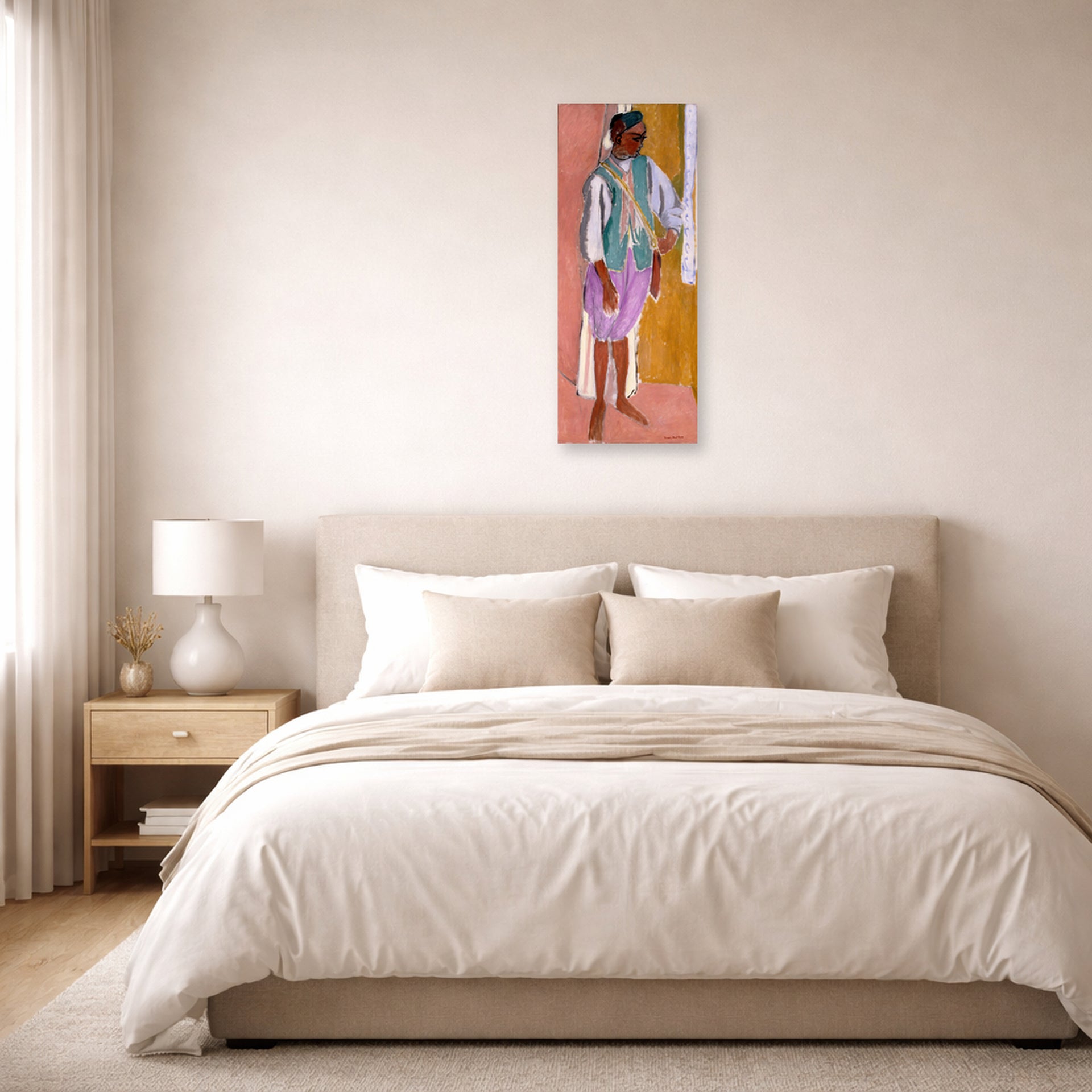 Unframed poster print of Henri Matisse's Moroccan Amido displayed above a bed in a bedroom